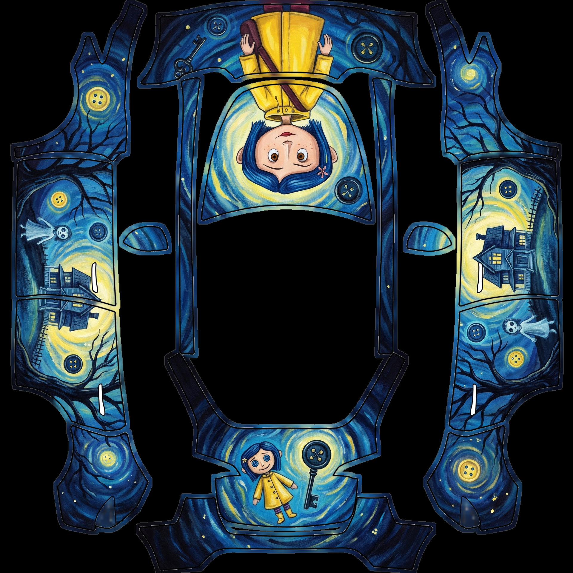 Artwork features a whimsical Coraline — AI wrap design for a Model Y