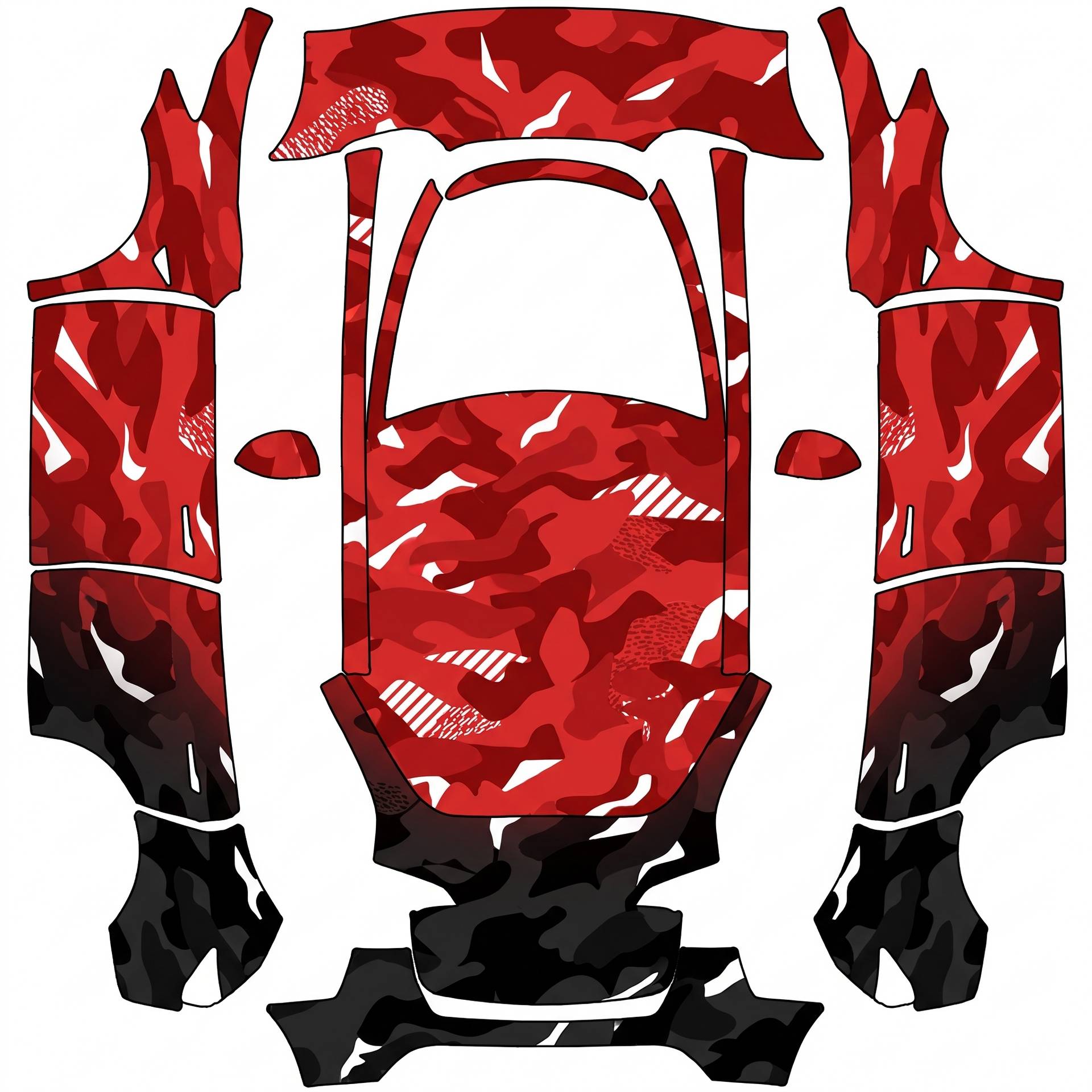 Red camo fading to black from front to back — AI wrap design for a Model Y