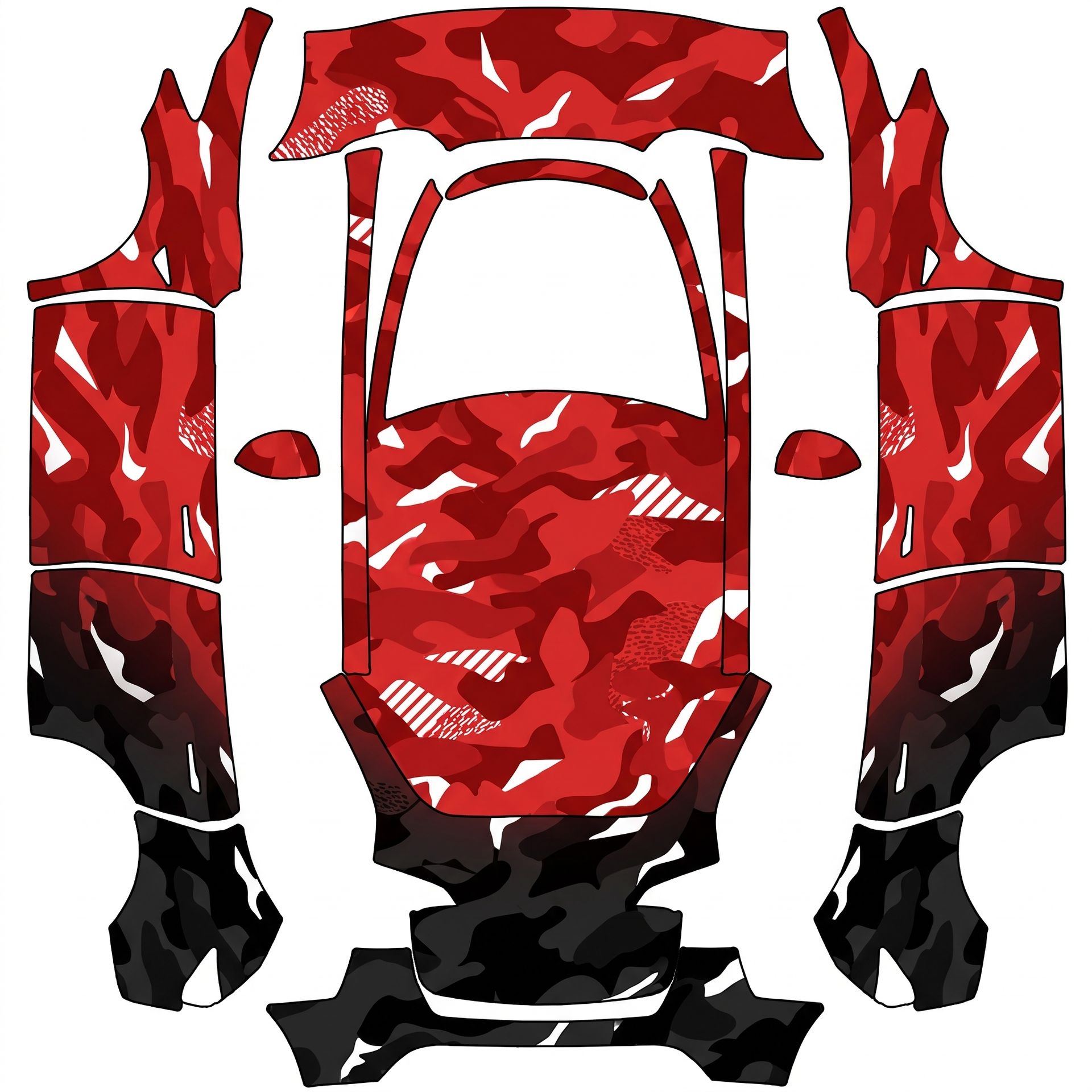Red camo fading to black from front to back — AI wrap design for a Model Y