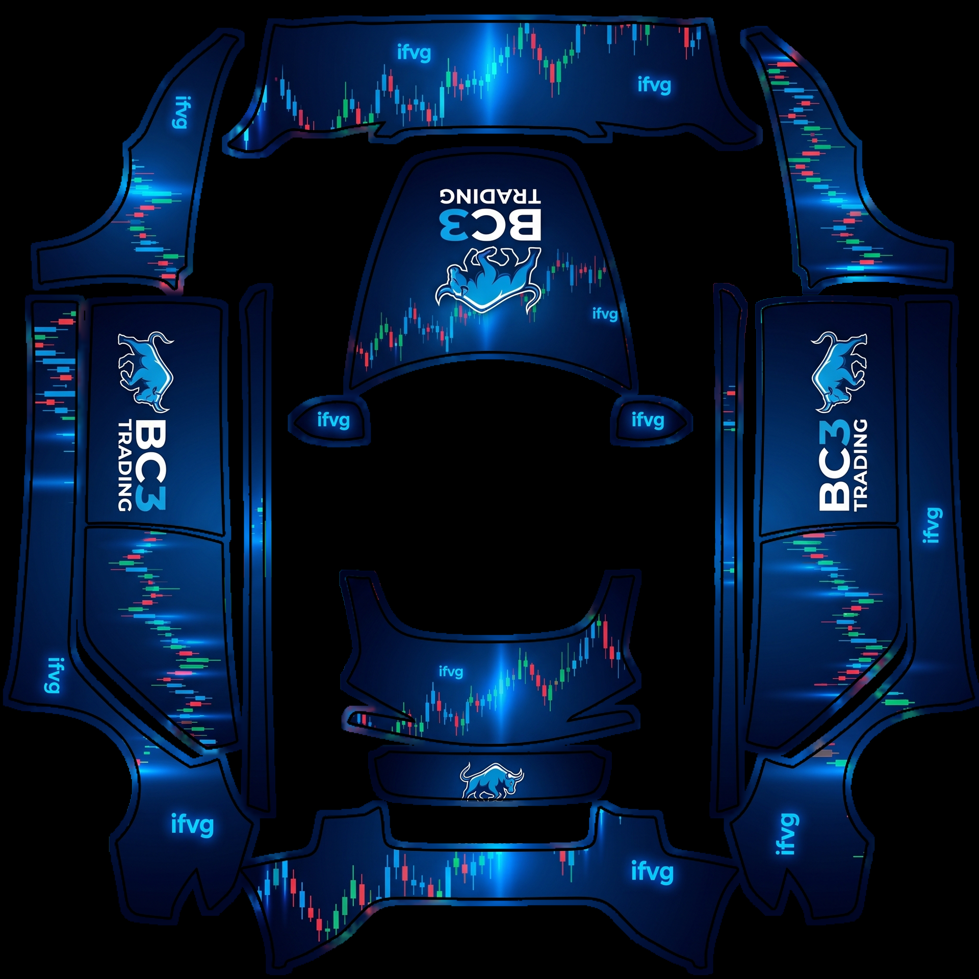 Hood: "BC3 TRADING" logo from Photo 1 — AI wrap design for a Model 3 (2024+) Standard & Premium