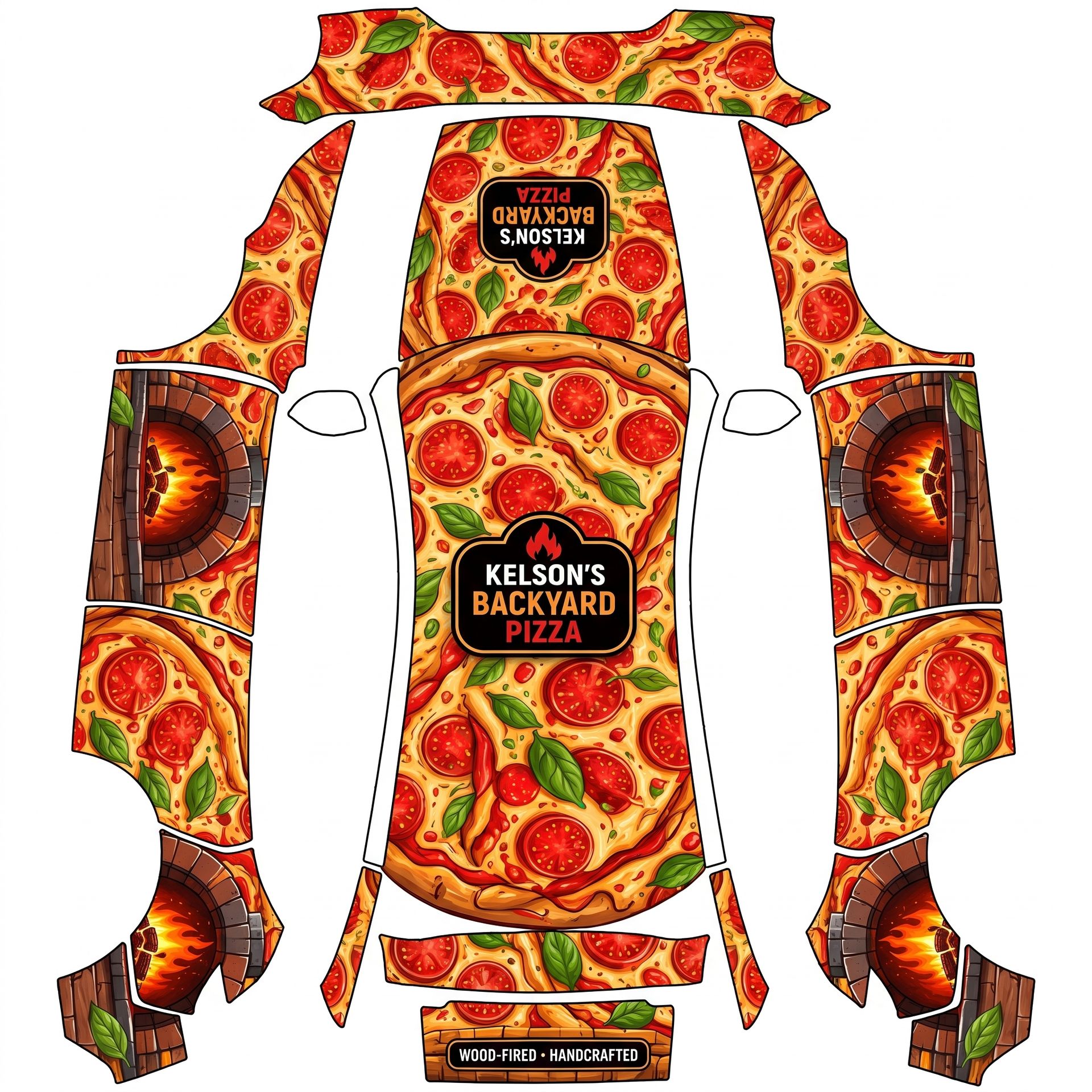 Premium wood-fired pizza restaurant — AI wrap design for a Model Y (2025+ Premium)
