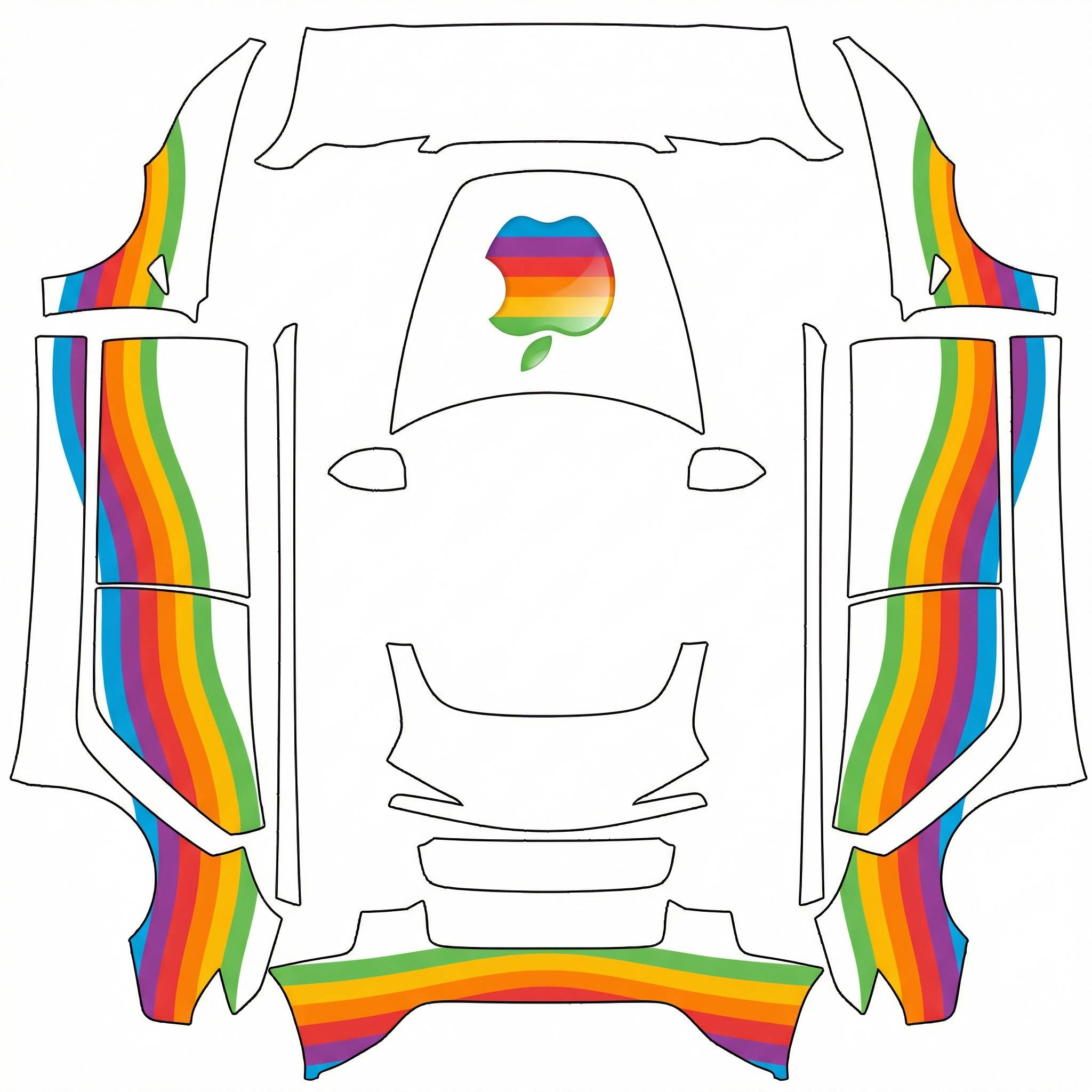 Apple logo on the hood of a white matte background — AI wrap design for a Model 3 (2024+ Base)