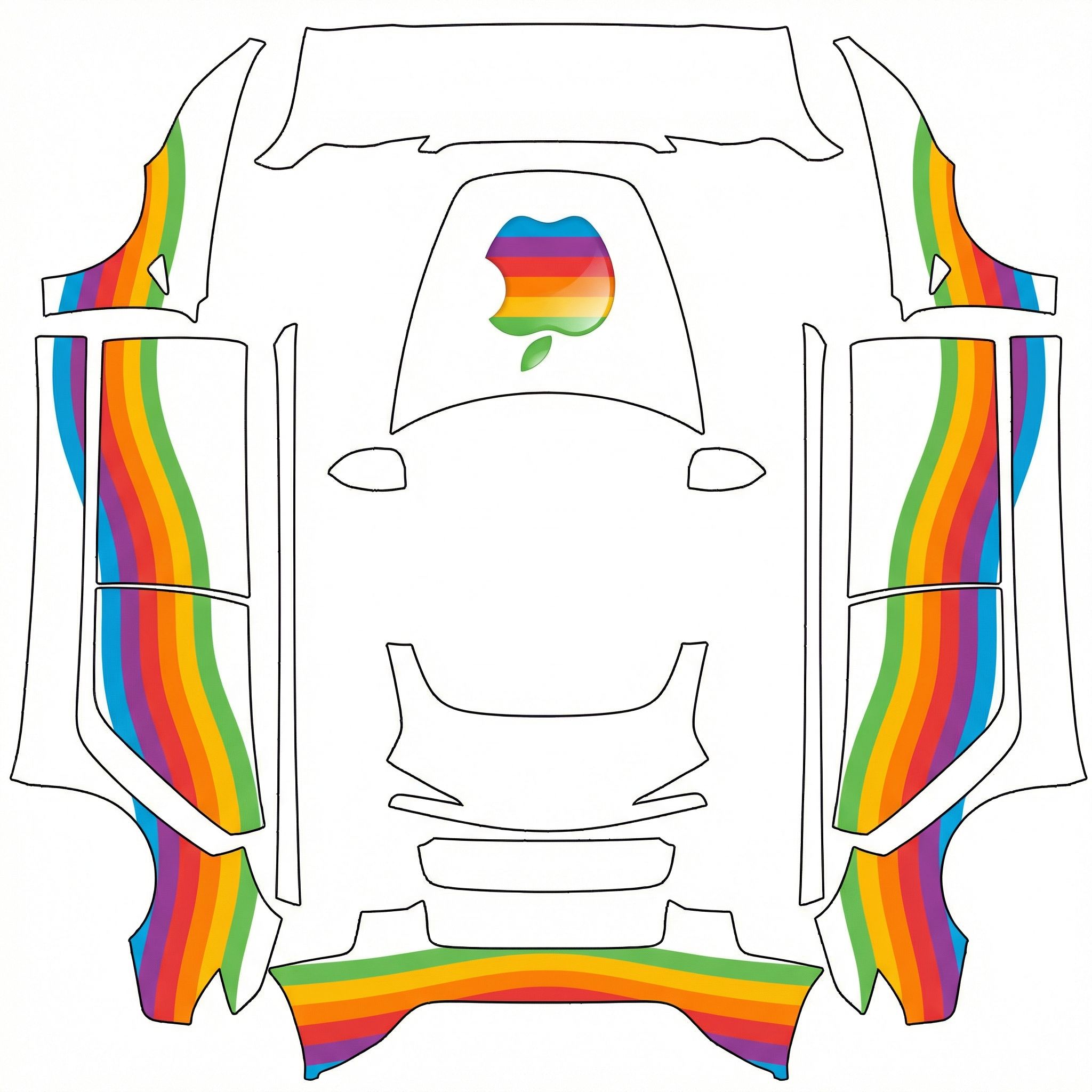 Apple logo on the hood of a white matte background — AI wrap design for a Model 3 (2024+ Base)
