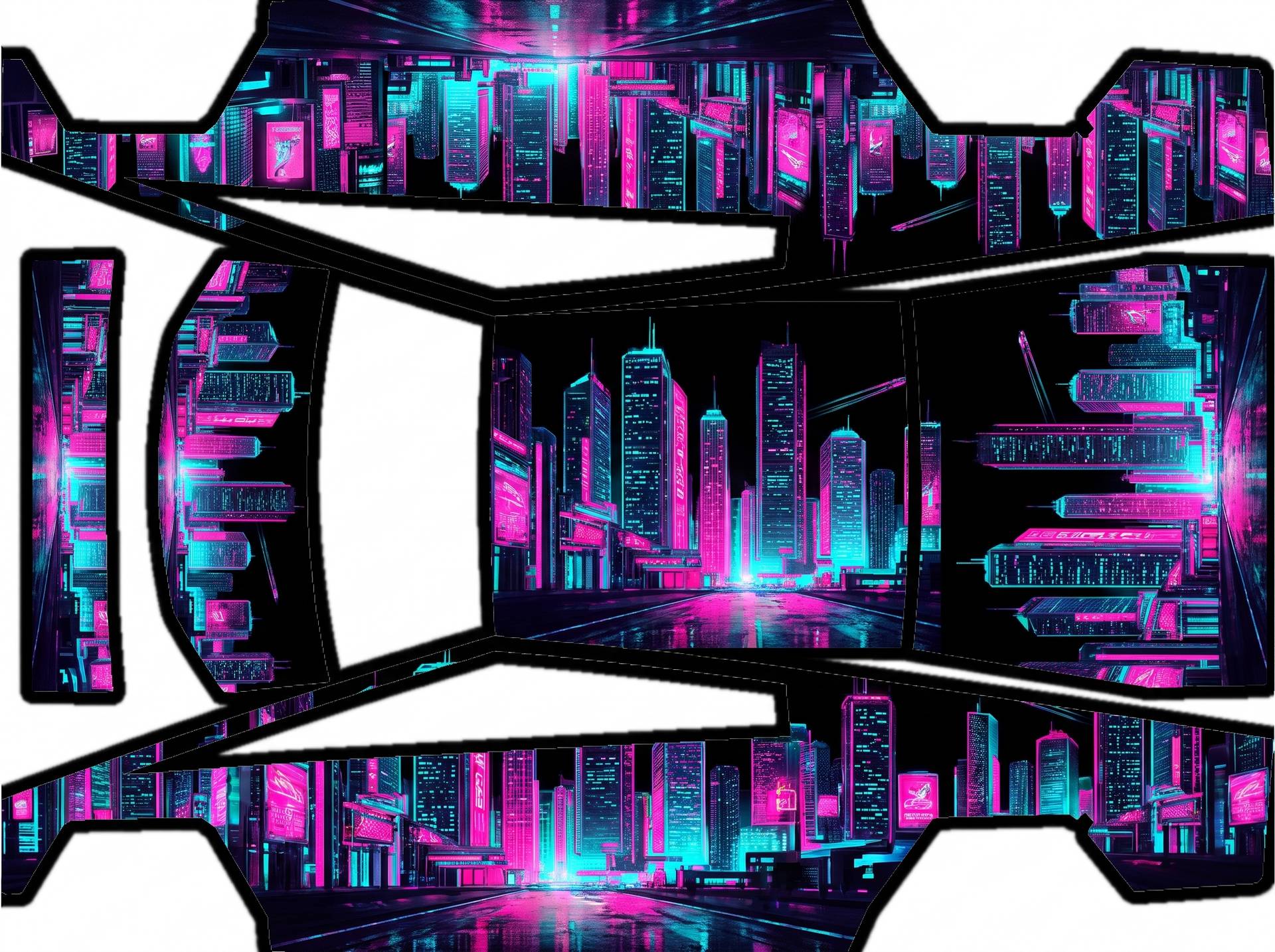 Neon cyberpunk city skyline at night, hot — AI wrap design for a Cybertruck