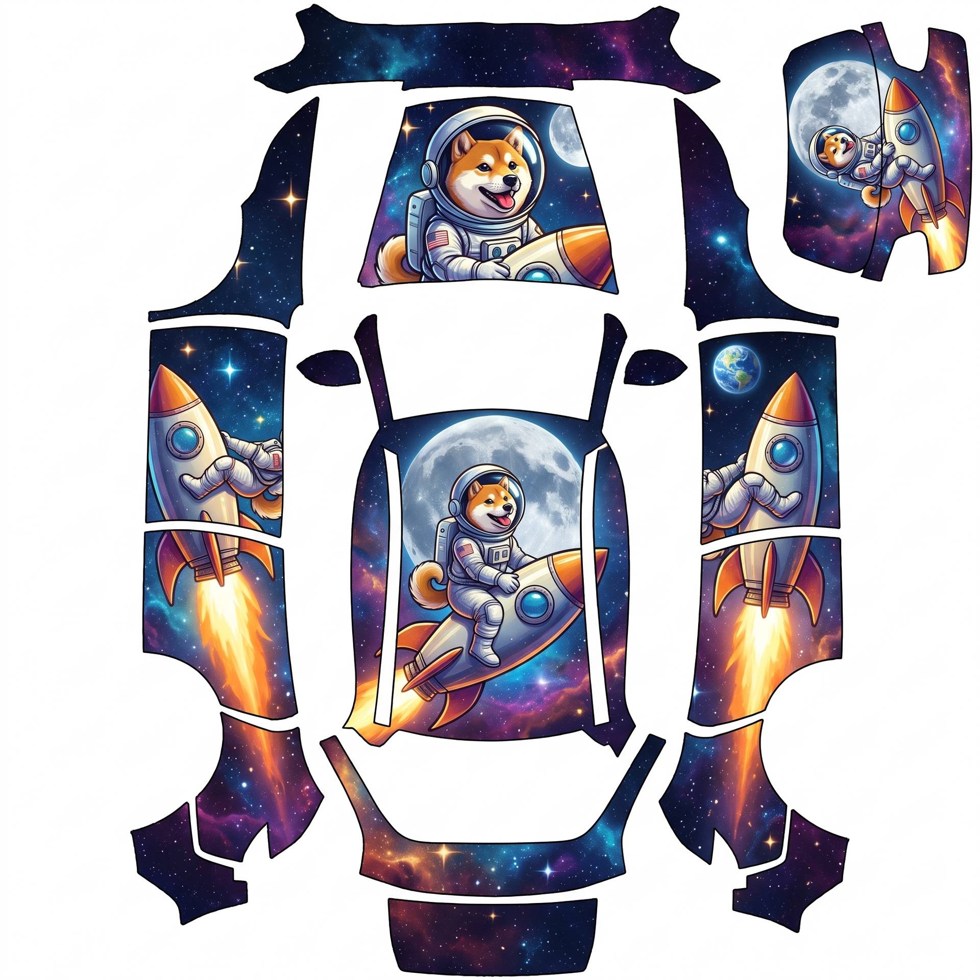Shiba inu astronaut riding a rocket — AI wrap design for a Model Y (2025+ Base)