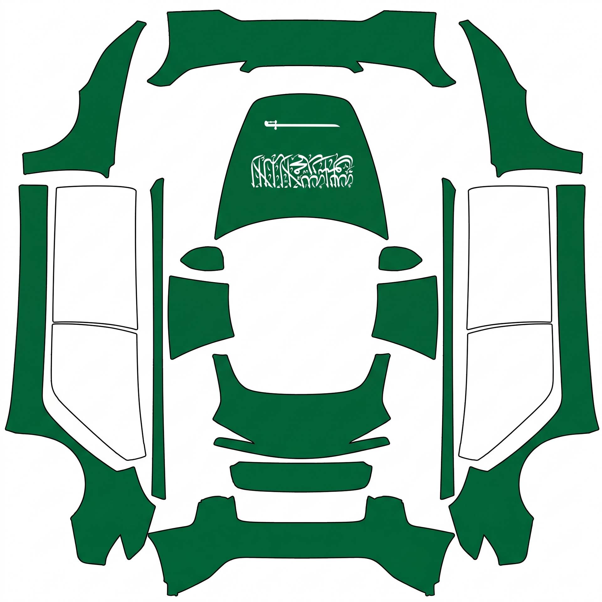 Saudi flag green base color, the flag — AI wrap design for a Model 3 (2024+ Performance)