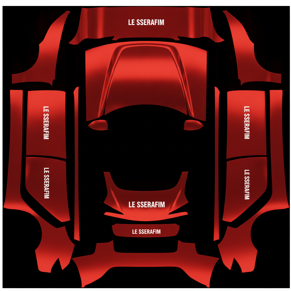Red chrome base with le sserafim logo on it — AI wrap design for a Model 3 (2024+) Standard & Premium