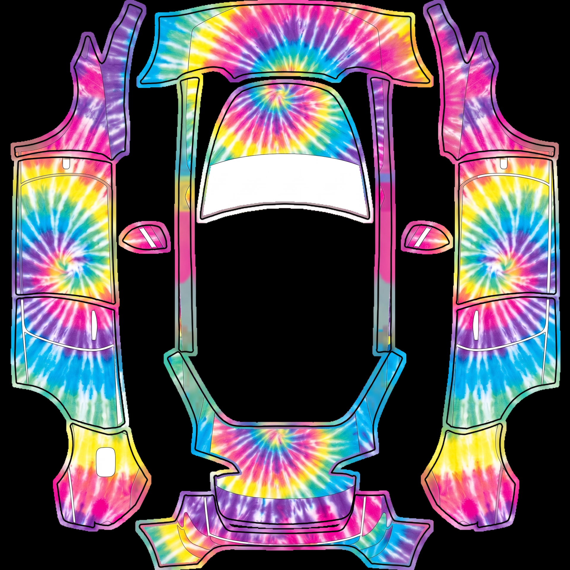 Vibrant tie-dye pattern bursts — AI wrap design for a Model Y