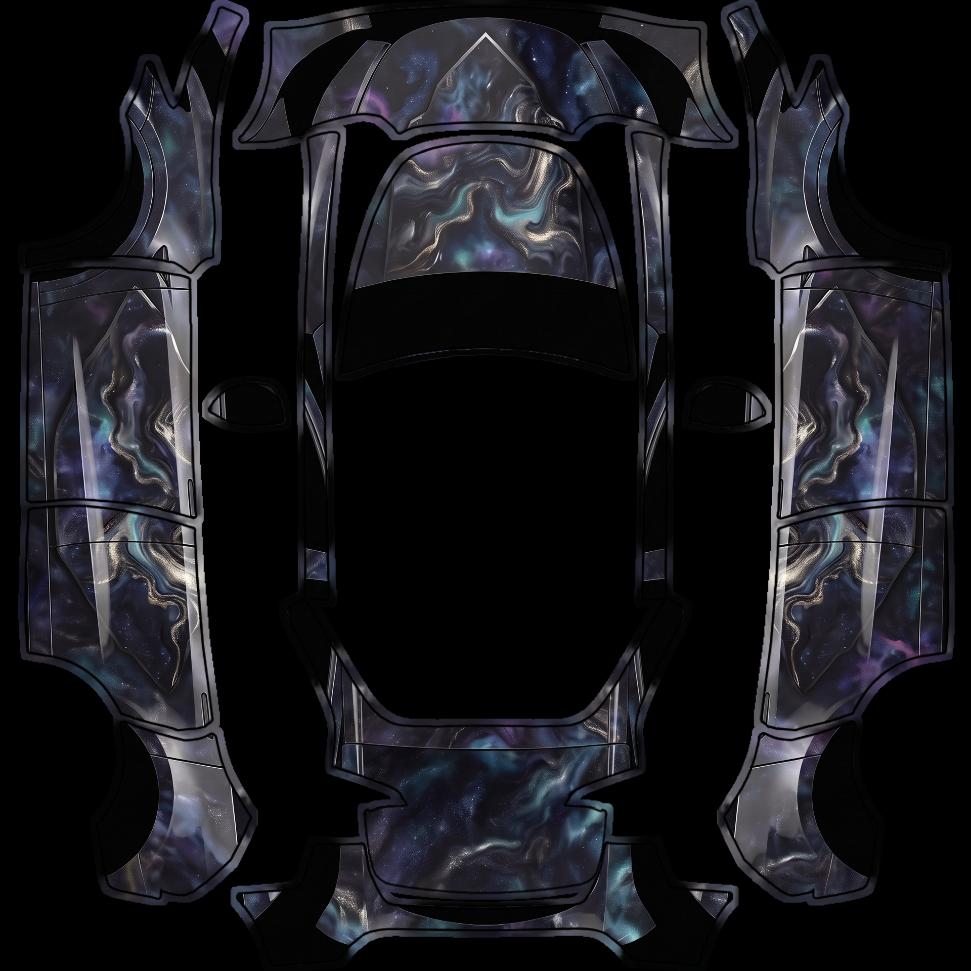Glossy dark matter camo pattern flows — AI wrap design for a Model Y