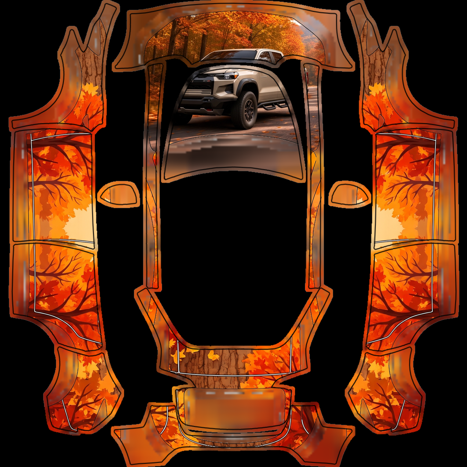 Vibrant autumn palette of fiery oranges — AI wrap design for a Model Y