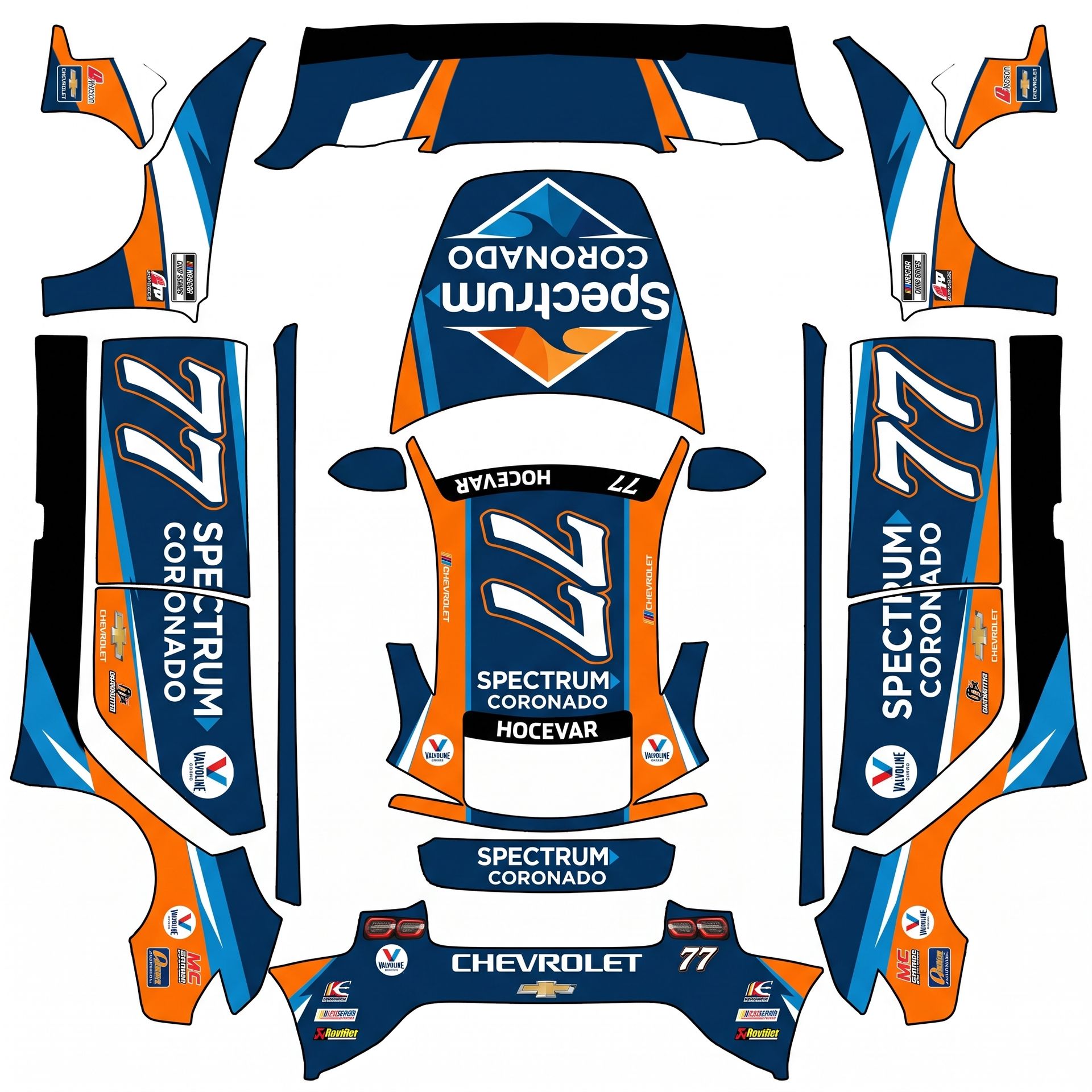 Carson Hocevar’s 2026 Spectrum Coronado — AI wrap design for a Model 3 (2024+ Base)