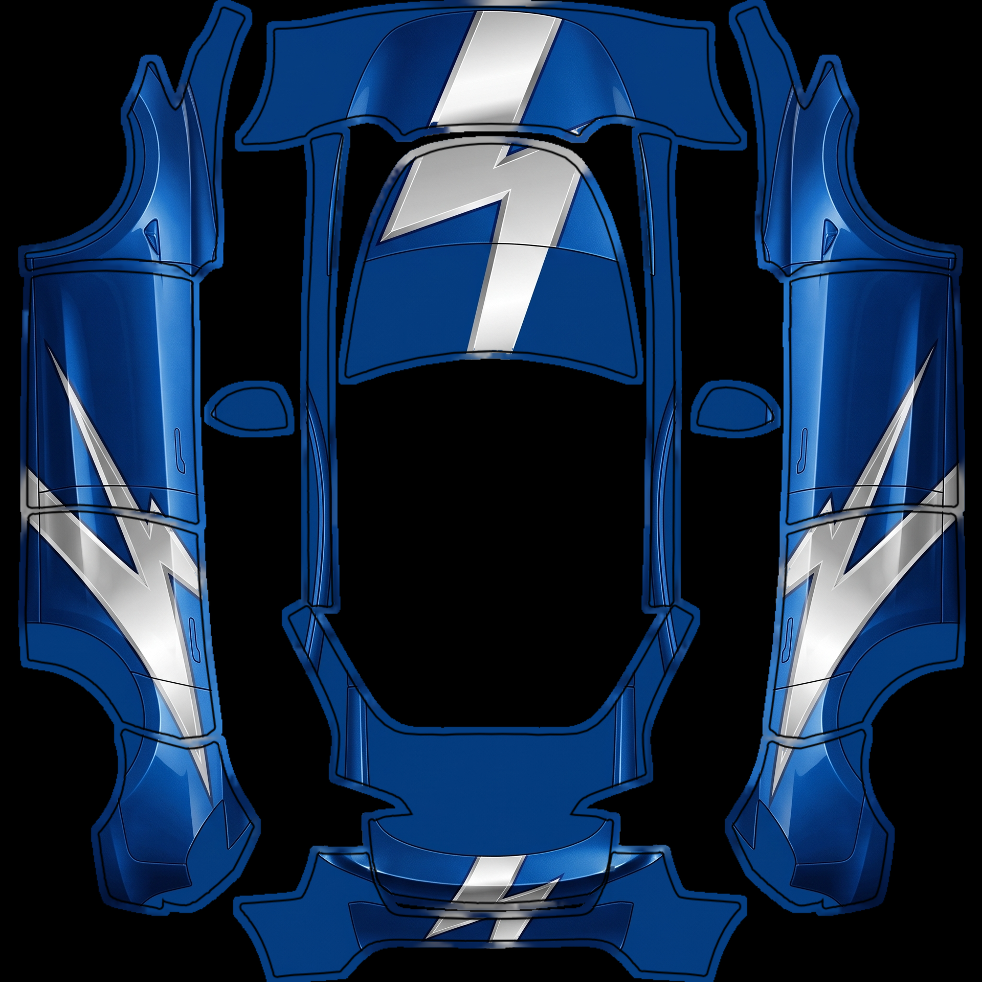 Long, sharp, aerodynamic lightning-bolt — AI wrap design for a Model Y