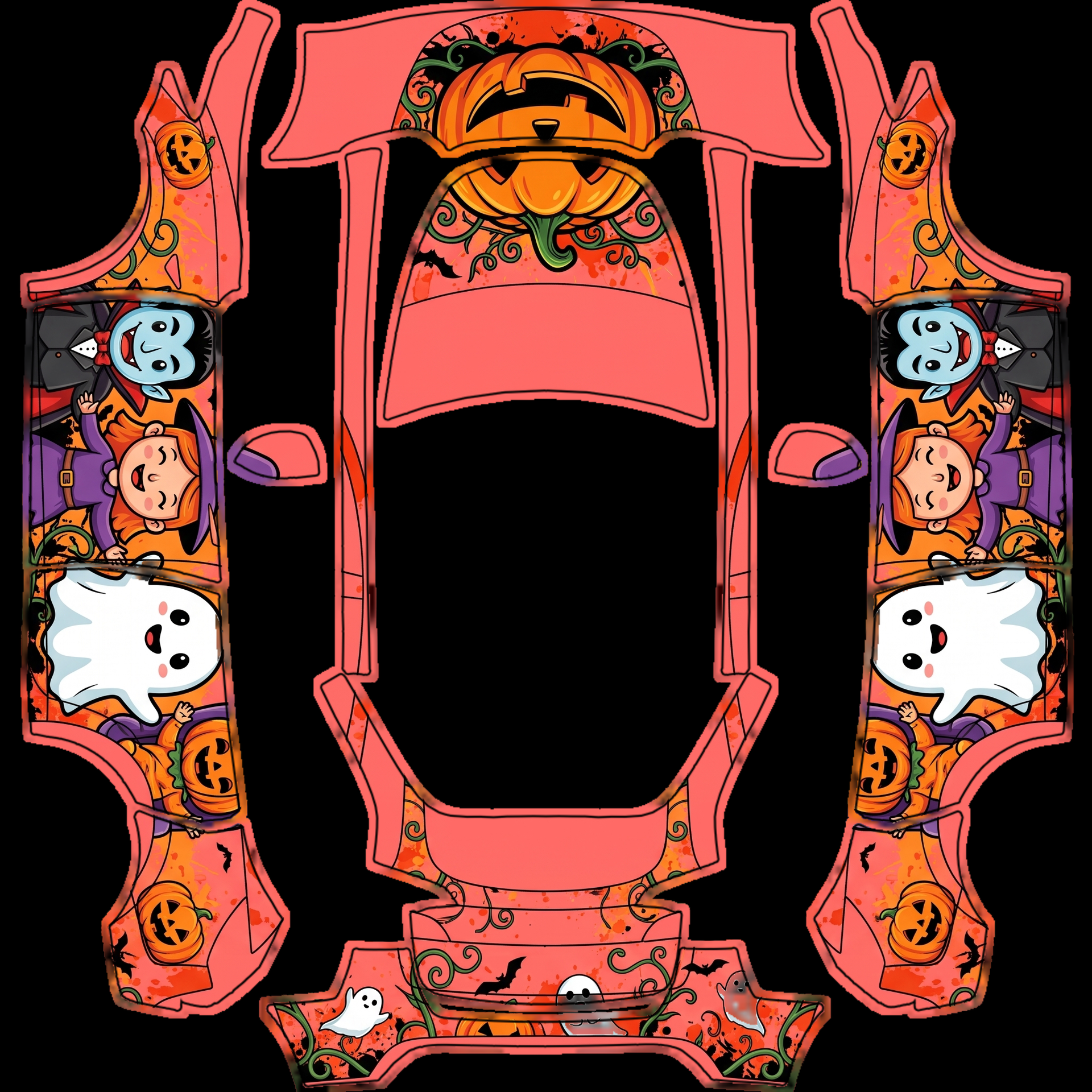 Solid Halloween-themed, the artwork — AI wrap design for a Model Y