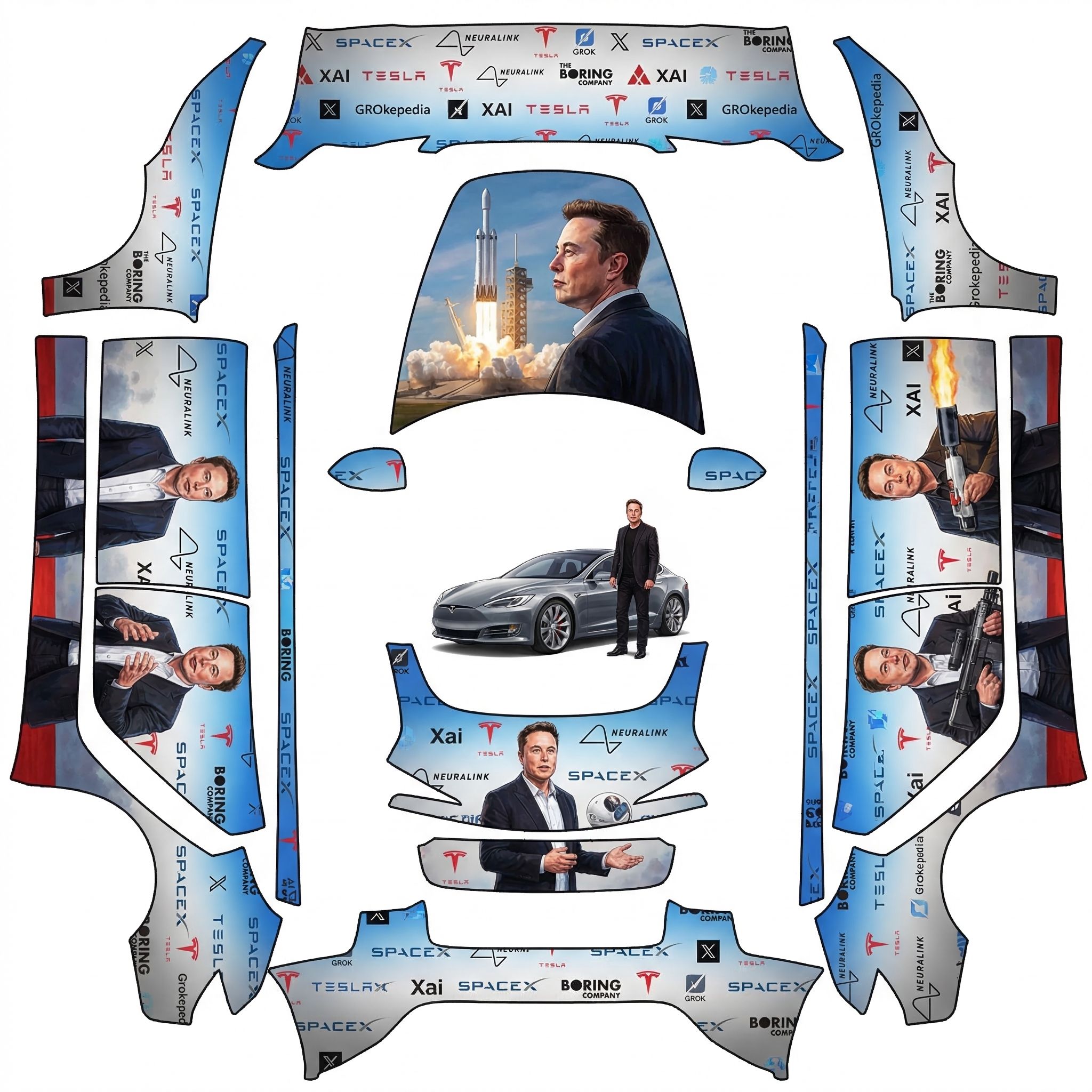 Elon musk tribute into a wrap — AI wrap design for a Model 3 (2024+ Base)