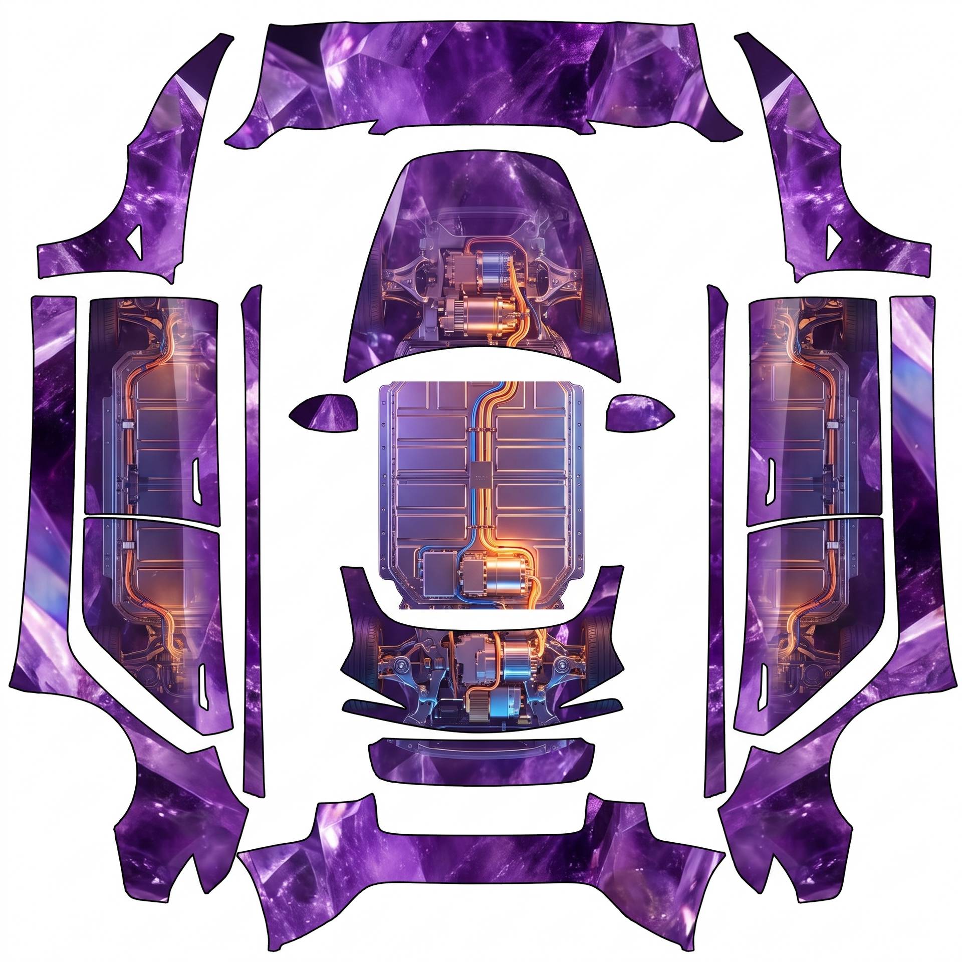 Amethyst purple crystal with the components — AI wrap design for a Model 3 (2024+ Base)