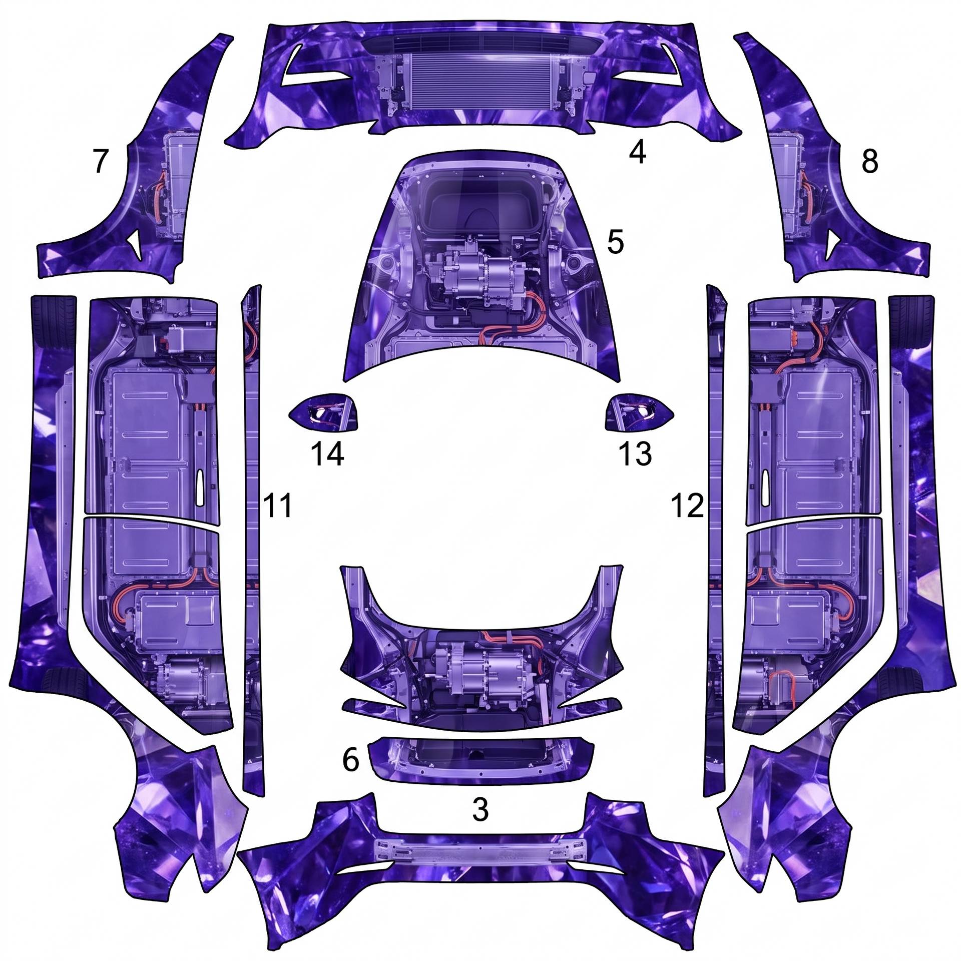 Amethyst blue crystal with the components — AI wrap design for a Model 3 (2024+ Base)
