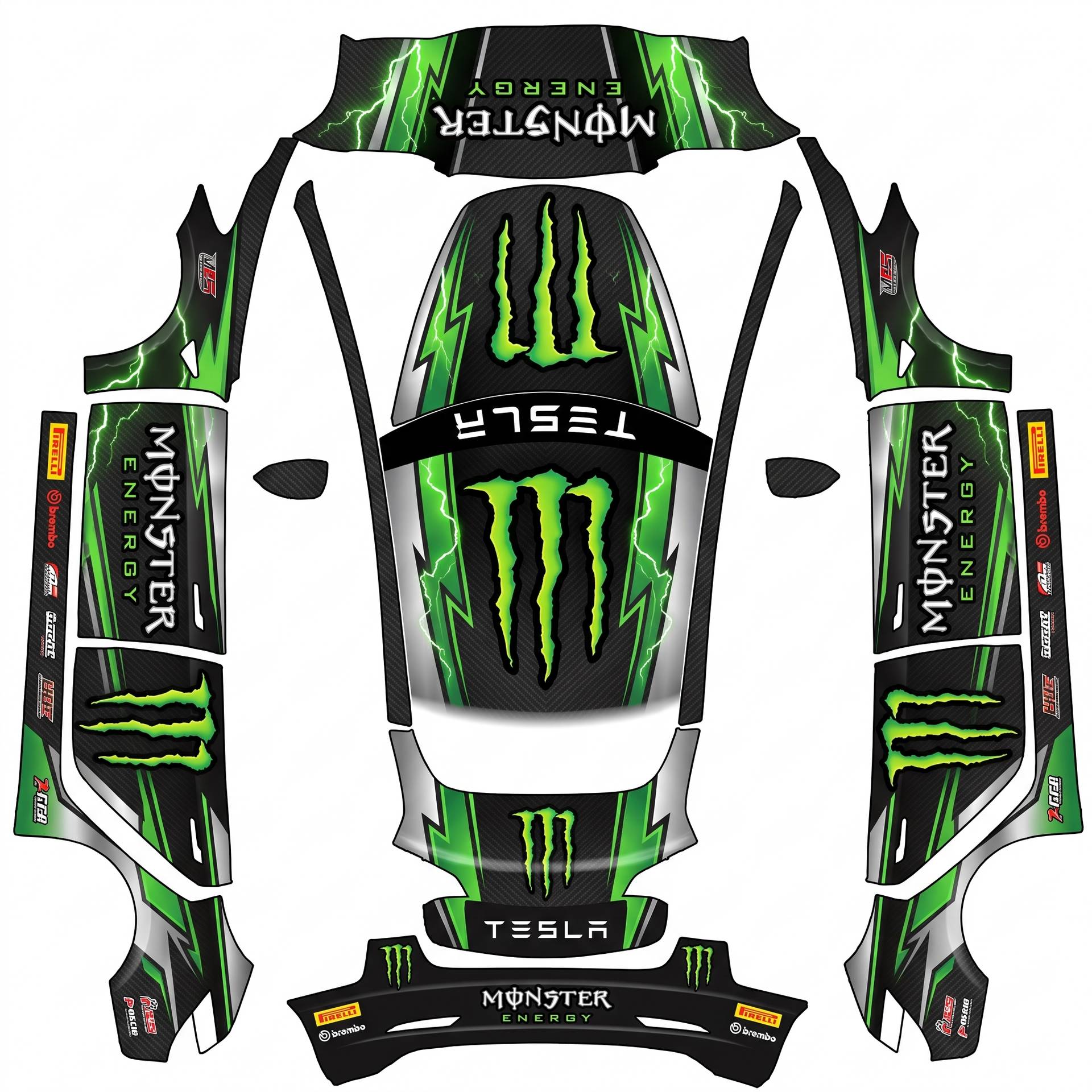 Monster Energy Sponsored Tesla wrap — AI wrap design for a Model 3