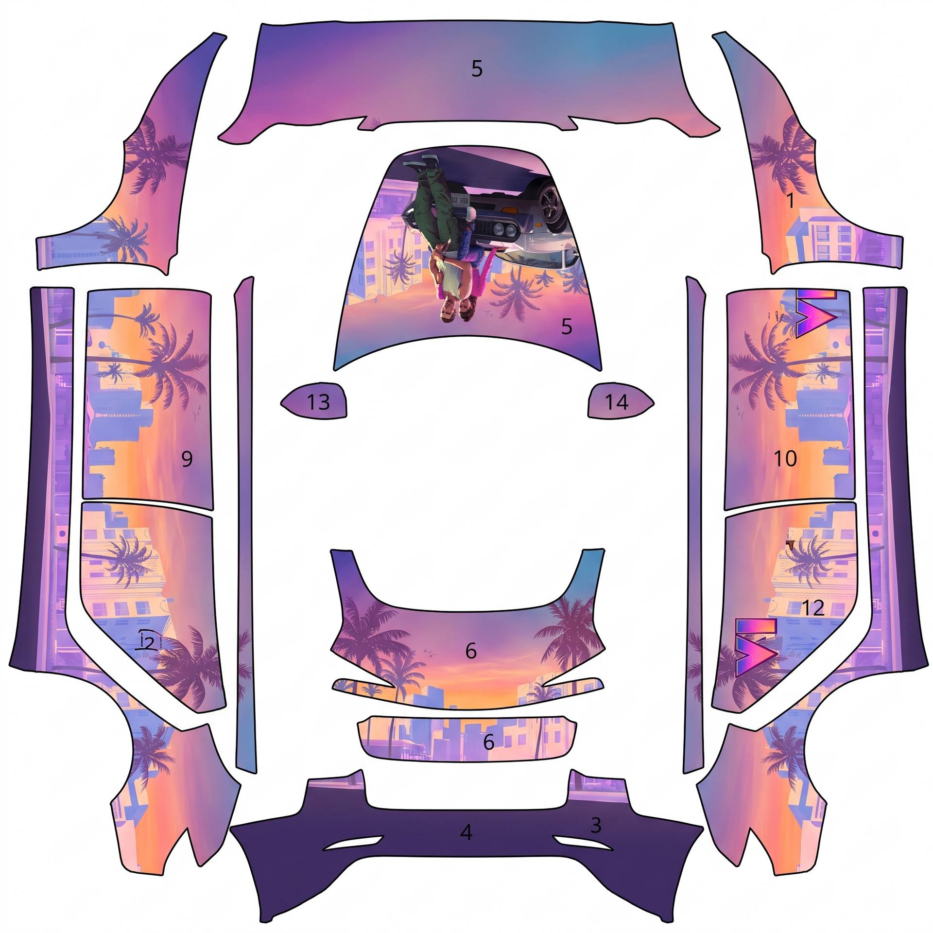 Grand theft auto VI logo on the hood — AI wrap design for a Model 3 (2024+ Base)
