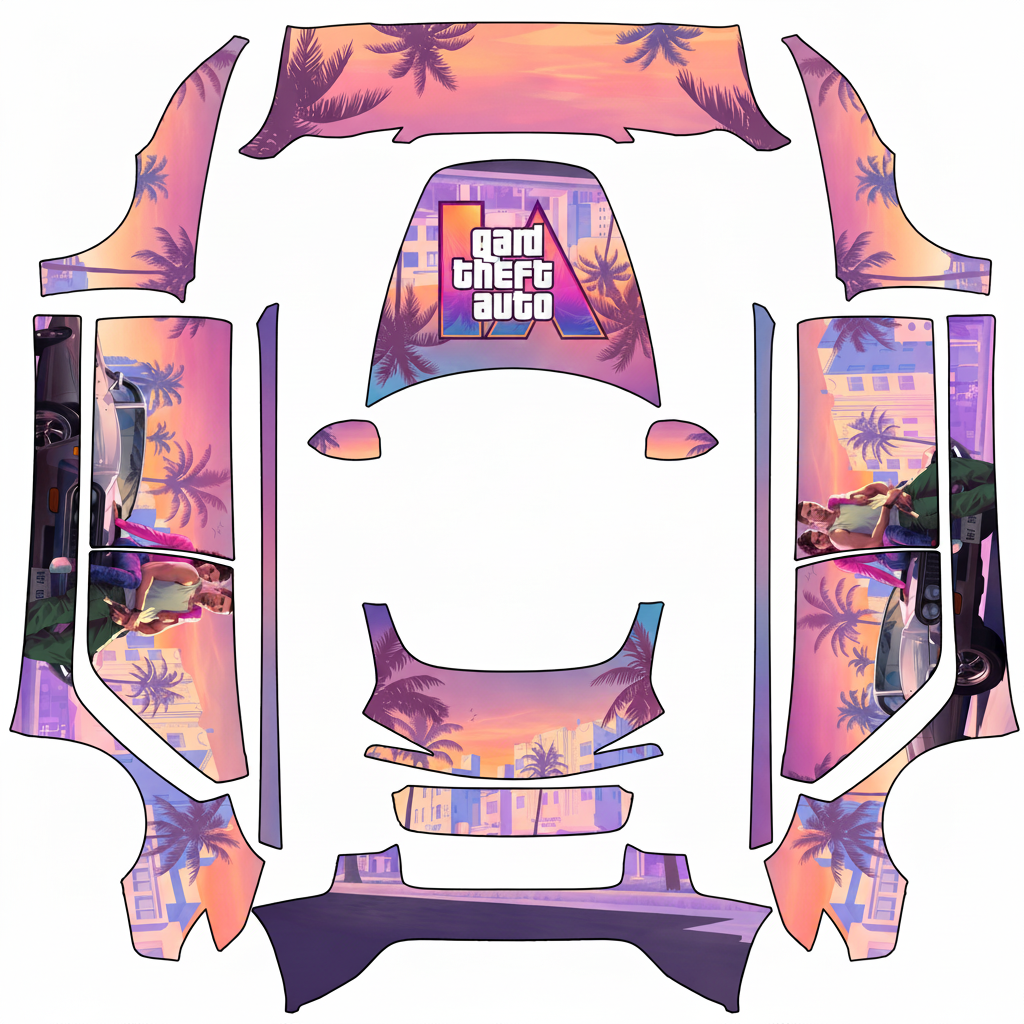 Gta VI style wrap like the loading screen — AI wrap design for a Model 3 (2024+ Base)