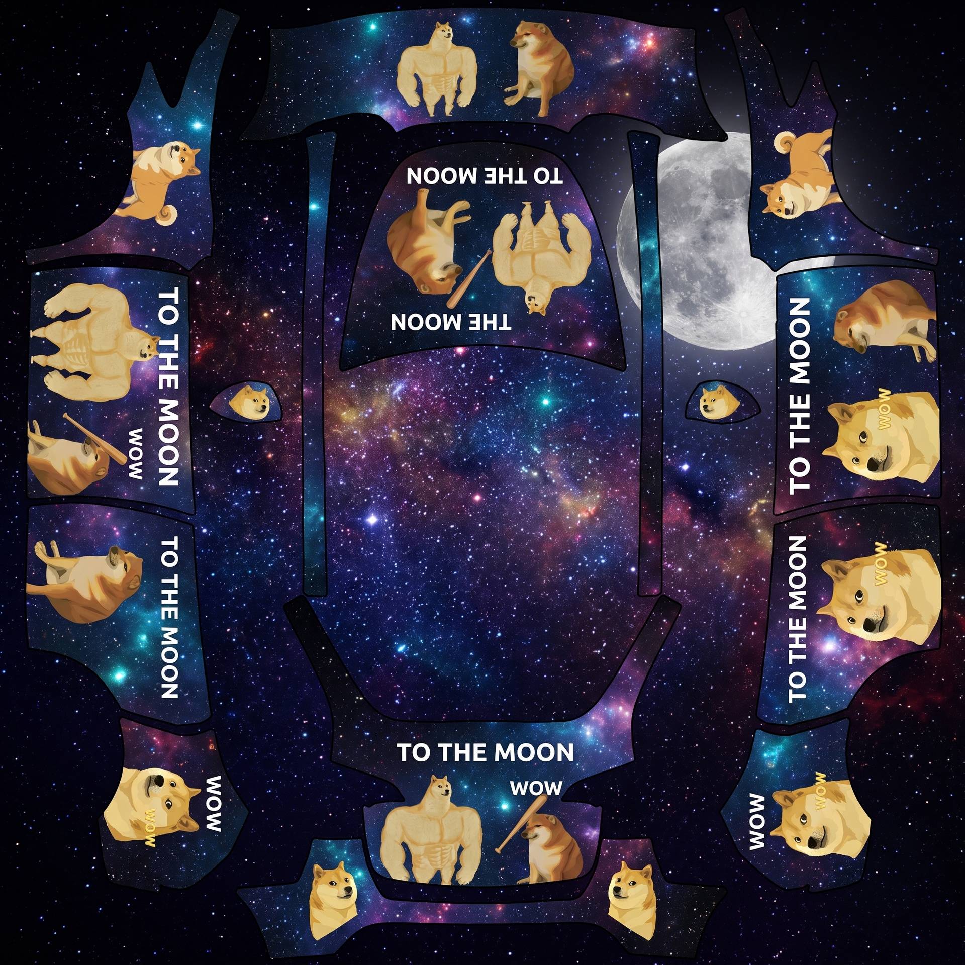 Buff doge, bonk, shiba inu and doge all — AI wrap design for a Model Y