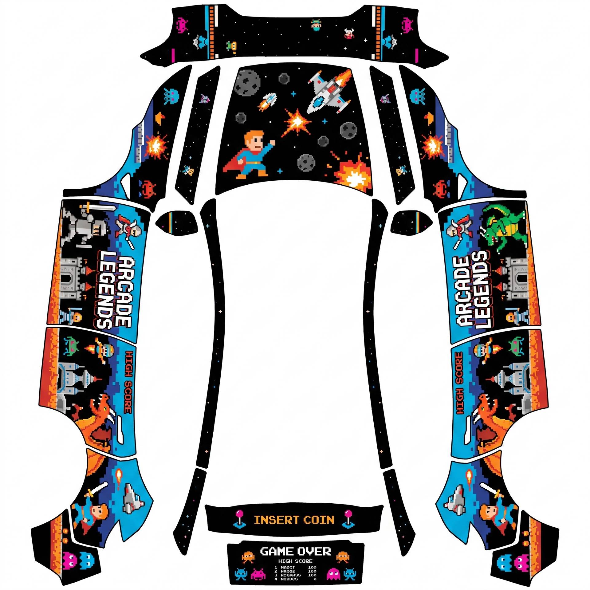8-bit arcade cabinet side art — AI wrap design for a Model Y (2025+ Premium)