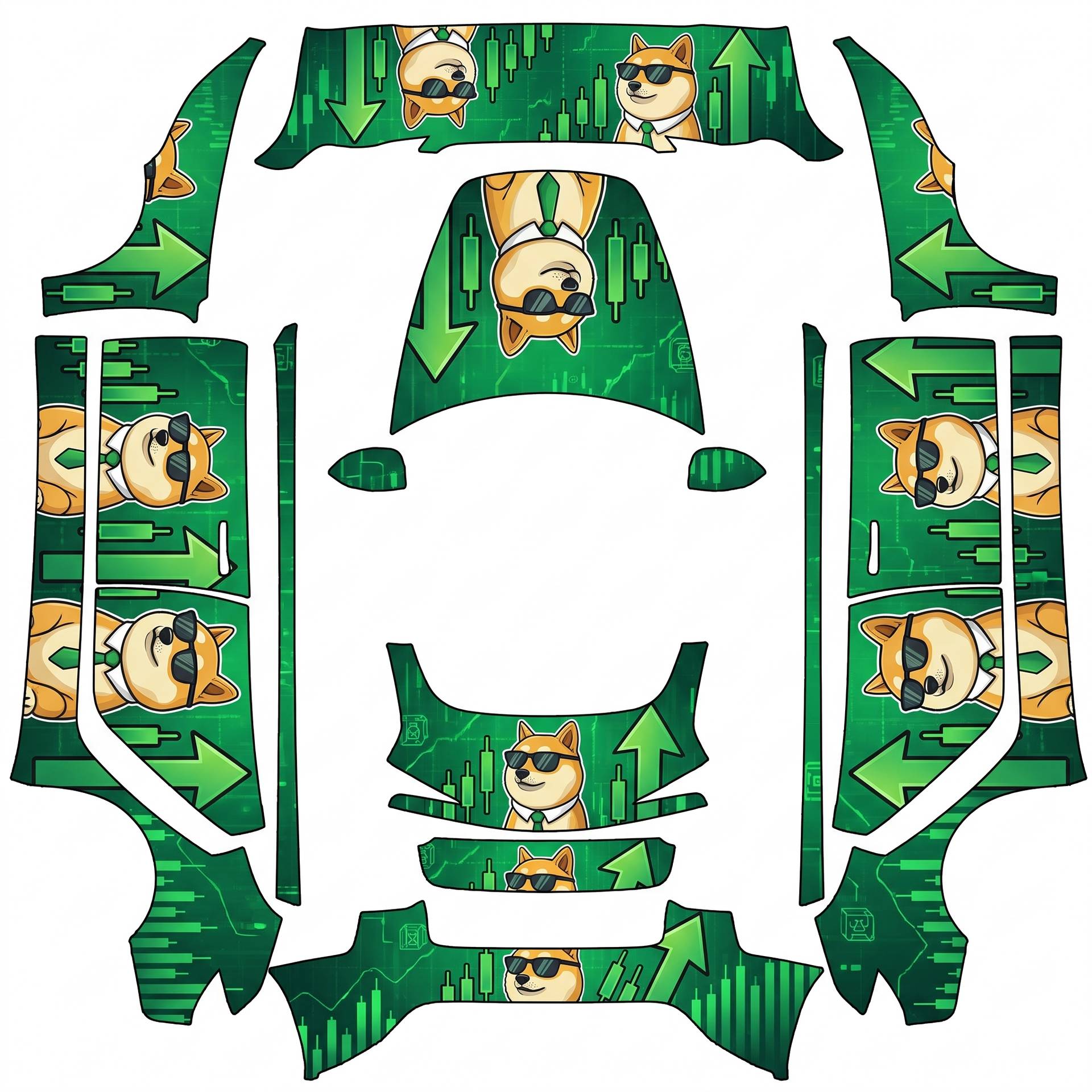 Green candles and up arrows with a doge — AI wrap design for a Model 3 (2024+ Base)