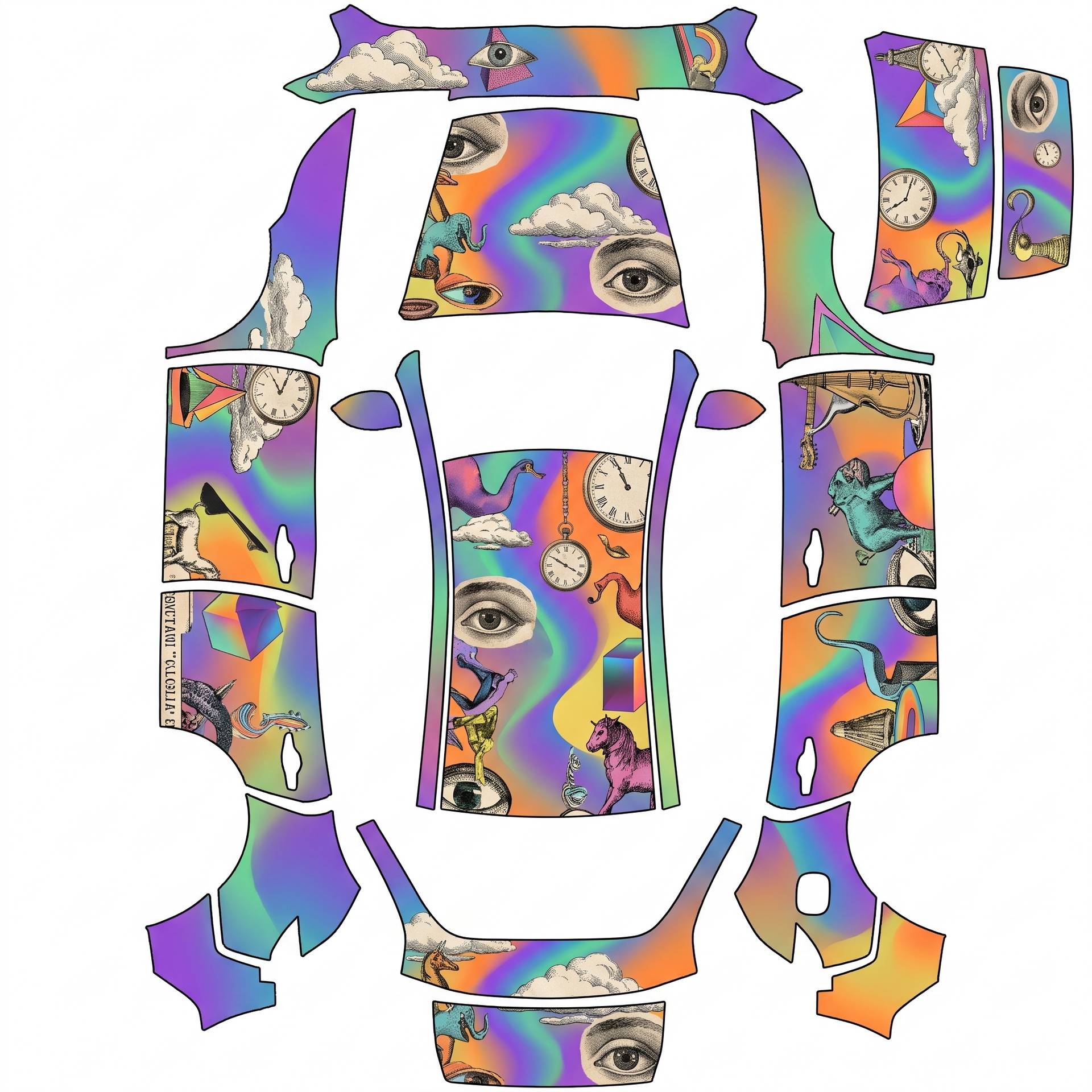 Surreal collage of clip art and gradients — AI wrap design for a Model Y (2025+ Base)
