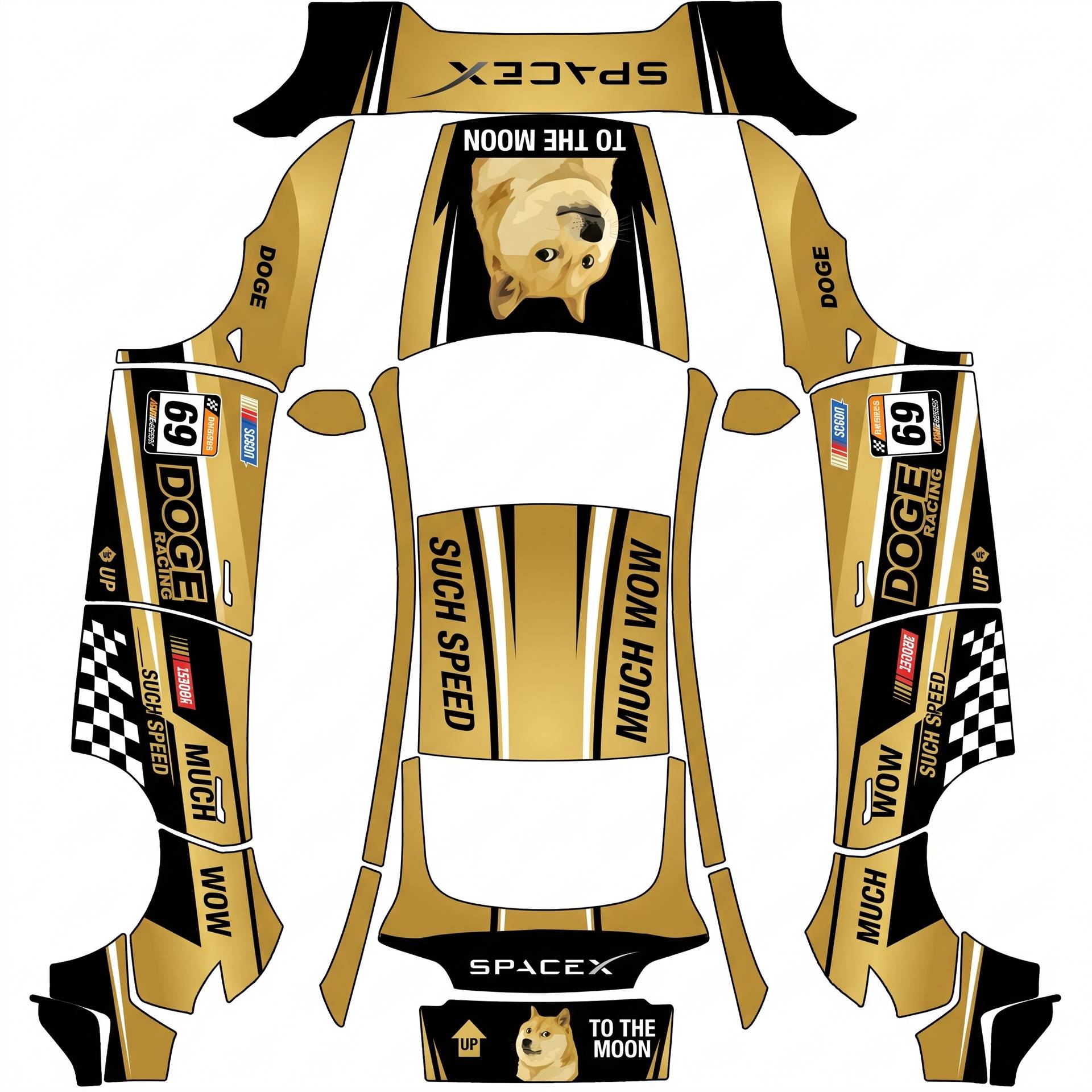 Doge theme racing liverly with space x logo — AI wrap design for a Model Y (2025+ Performance)