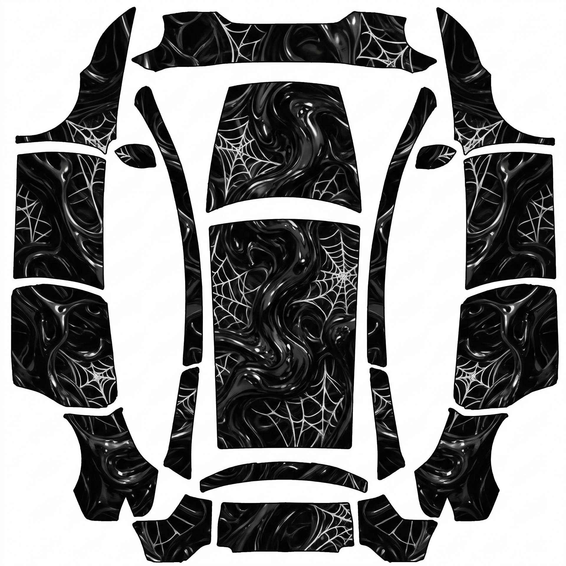 Black liquid symbiote with white webbing — AI wrap design for a Model Y Long Range