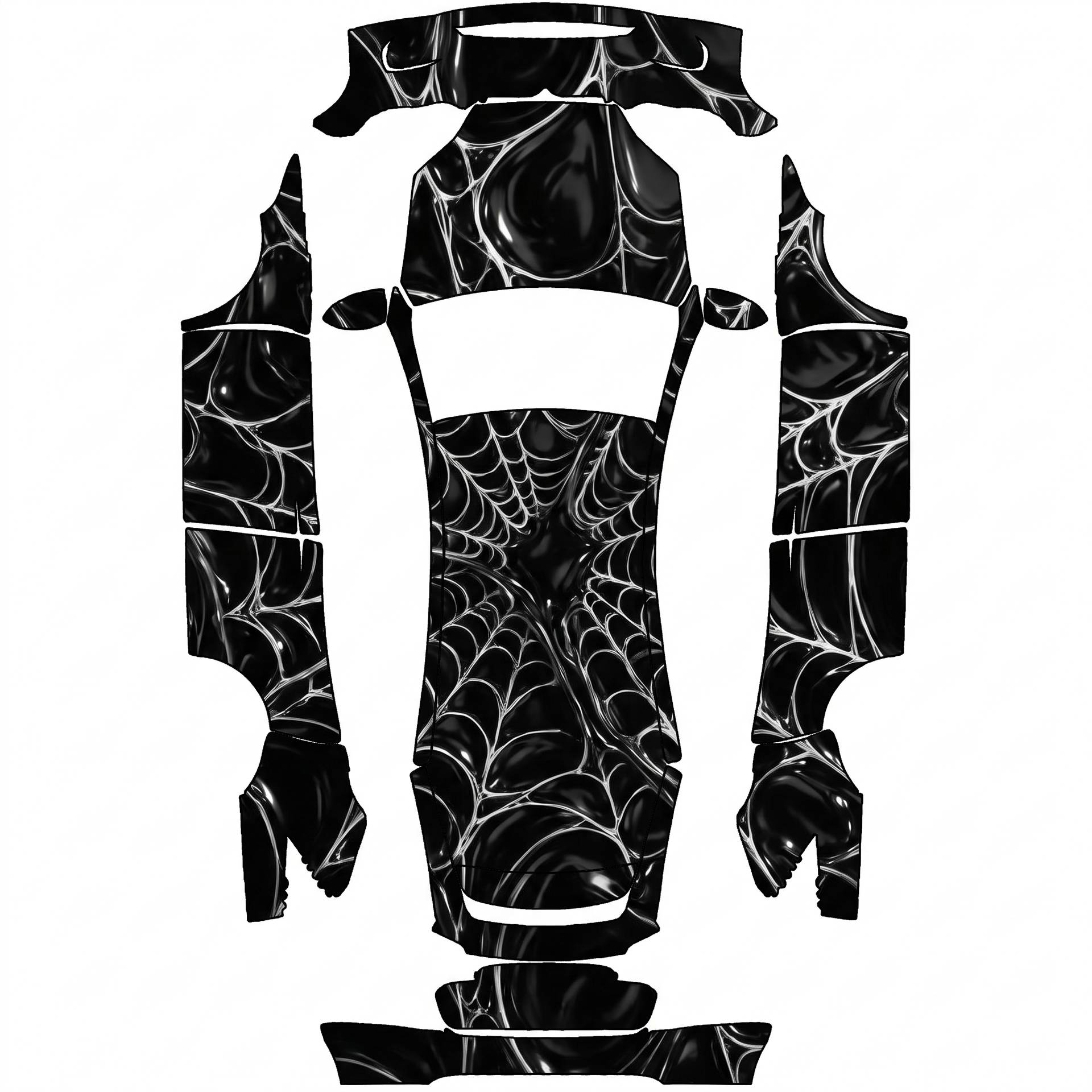 Black liquid symbiote with white webbing — AI wrap design for a Model X (2021)