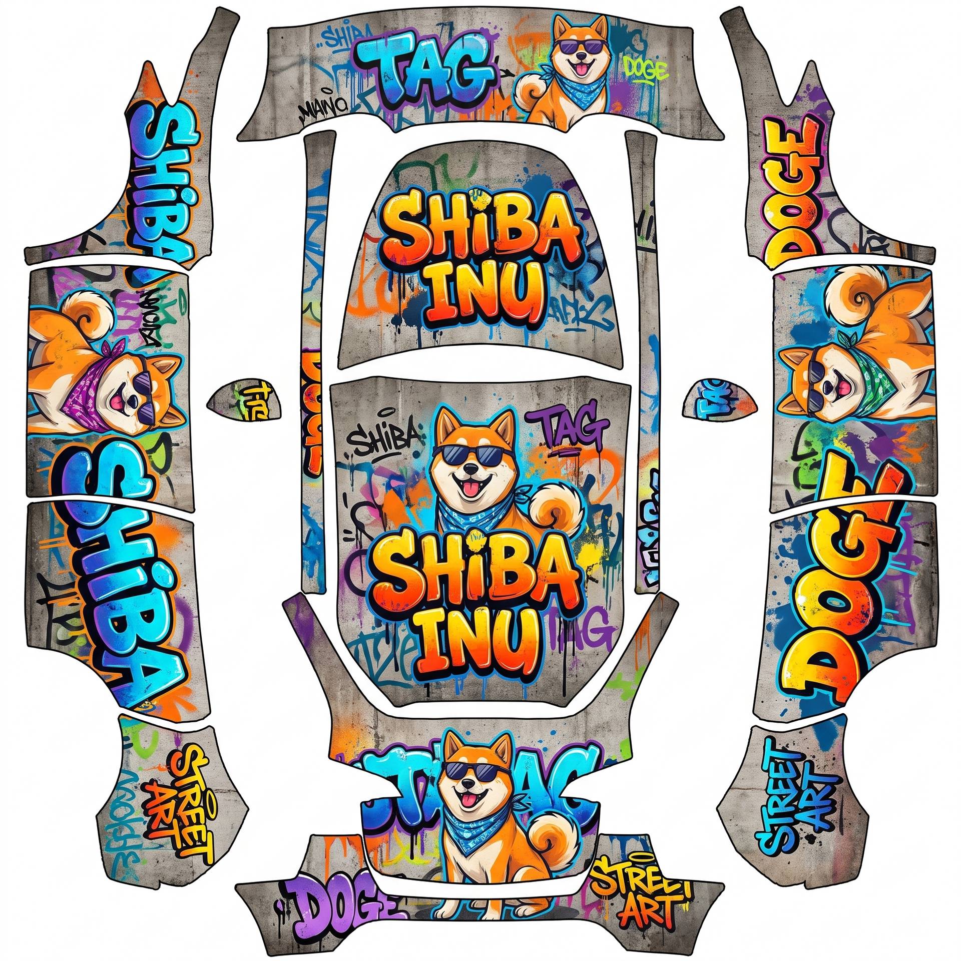 Shiba inu graffiti tag, spray paint — AI wrap design for a Model Y