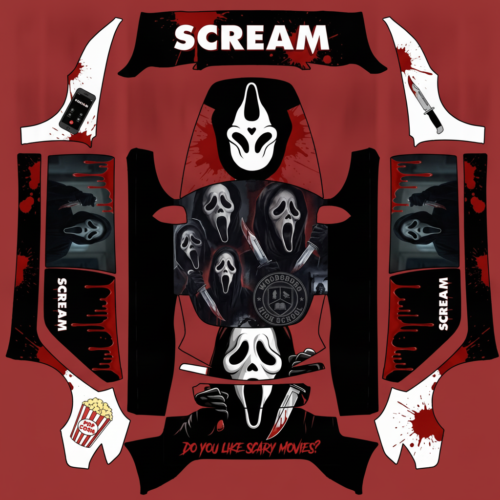 Scream the movie — AI wrap design for a Model 3 (2024+ Base)