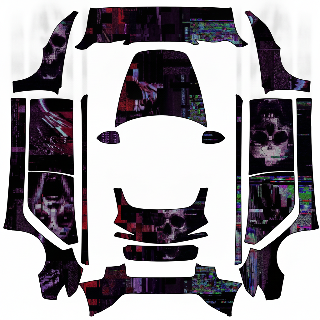 Cursed low-res JPEG artifacts and glitch — AI wrap design for a Model 3 (2024+ Base)
