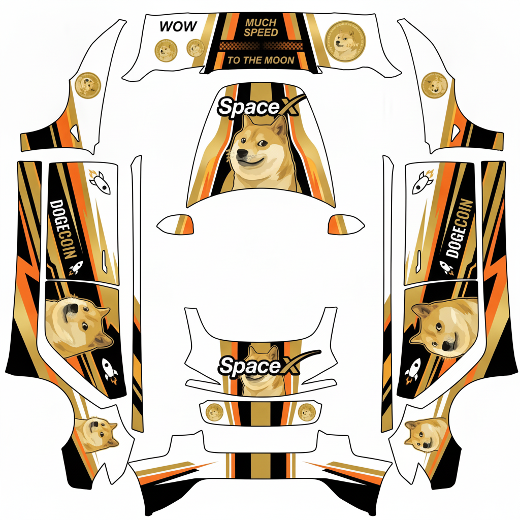 Doge theme racing liverly with space x logo — AI wrap design for a Model 3 (2024+ Base)