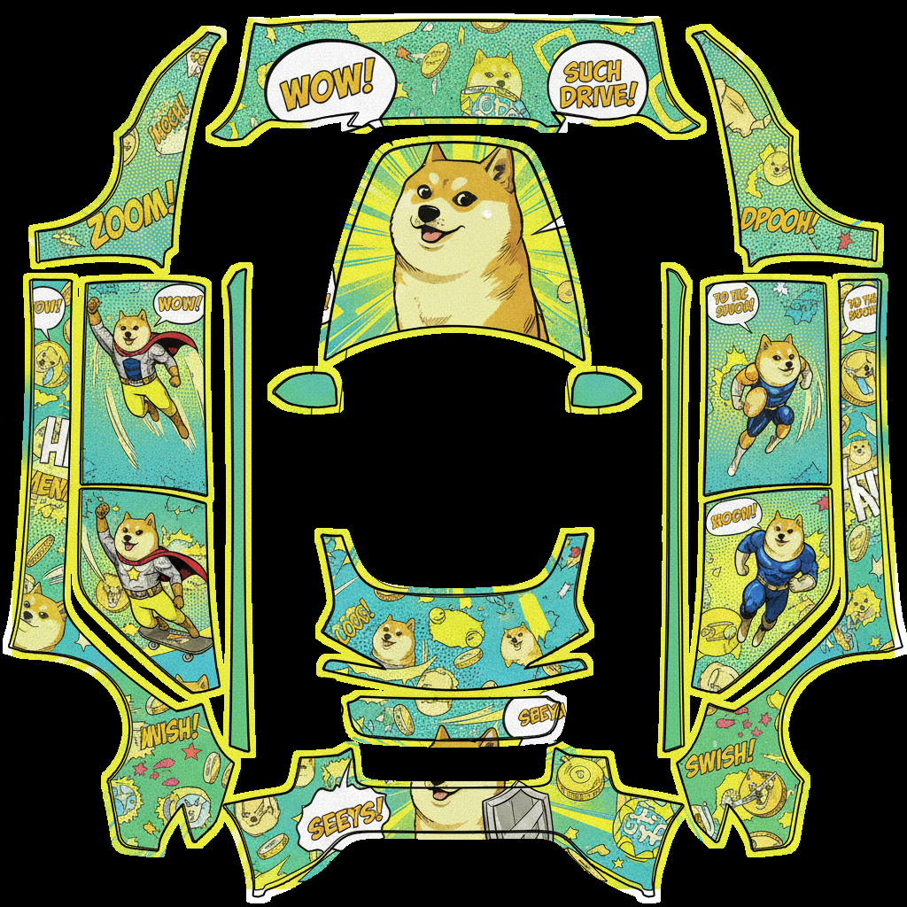 Manga-style comic wrap featuring your doge — AI wrap design for a Model 3 (2024+) Standard & Premium