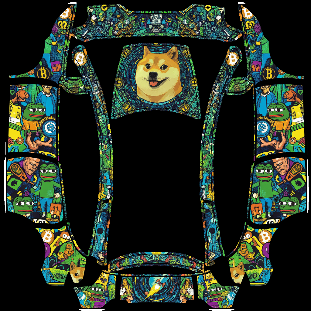 Vibrant collage of popular crypto memes — AI wrap design for a Model Y L