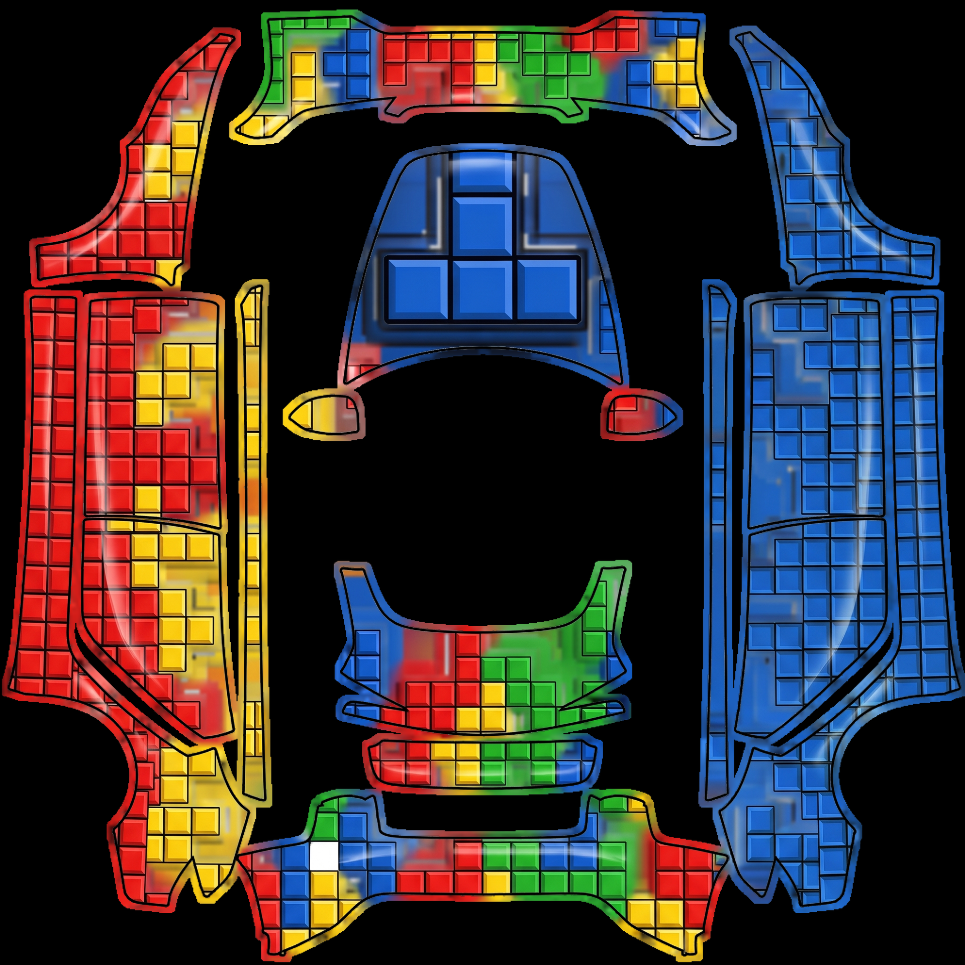 Falling tetromino blocks in primary colors — AI wrap design for a Model 3 (2024+) Performance