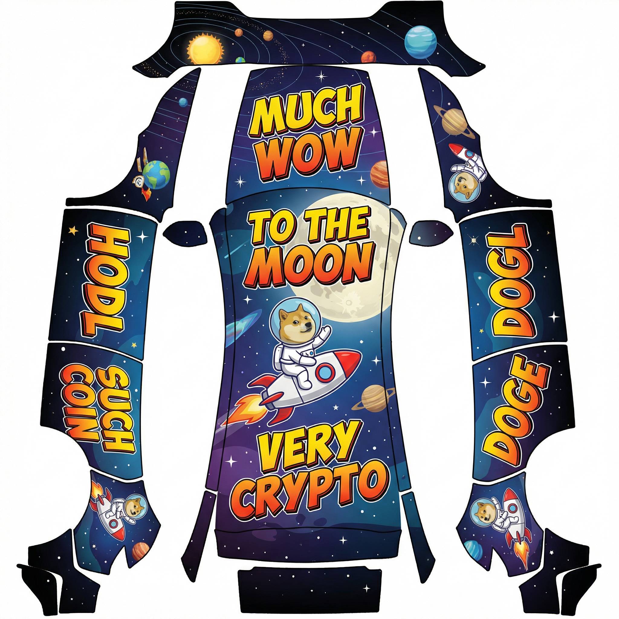 Dogecoin meme going to the moon matte wrap — AI wrap design for a Model Y (2025+ Performance)