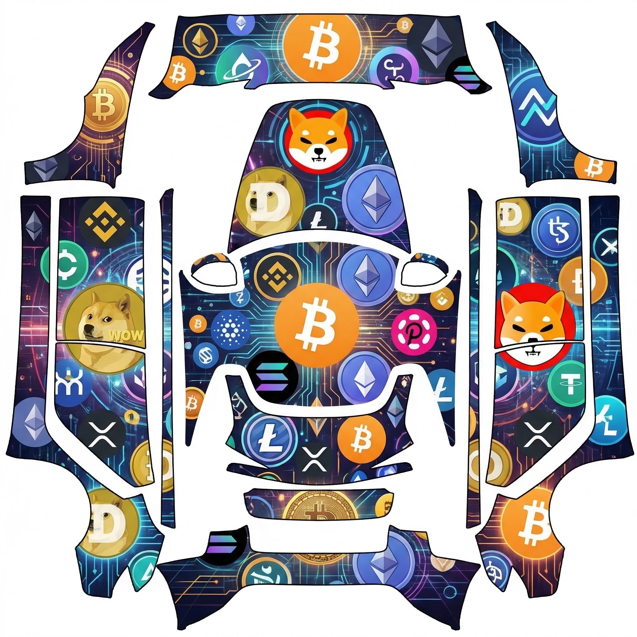Crypto inspired wrap , bitcoin , eth, doge, and a… — AI wrap design for a Model 3 (2024+ Base)