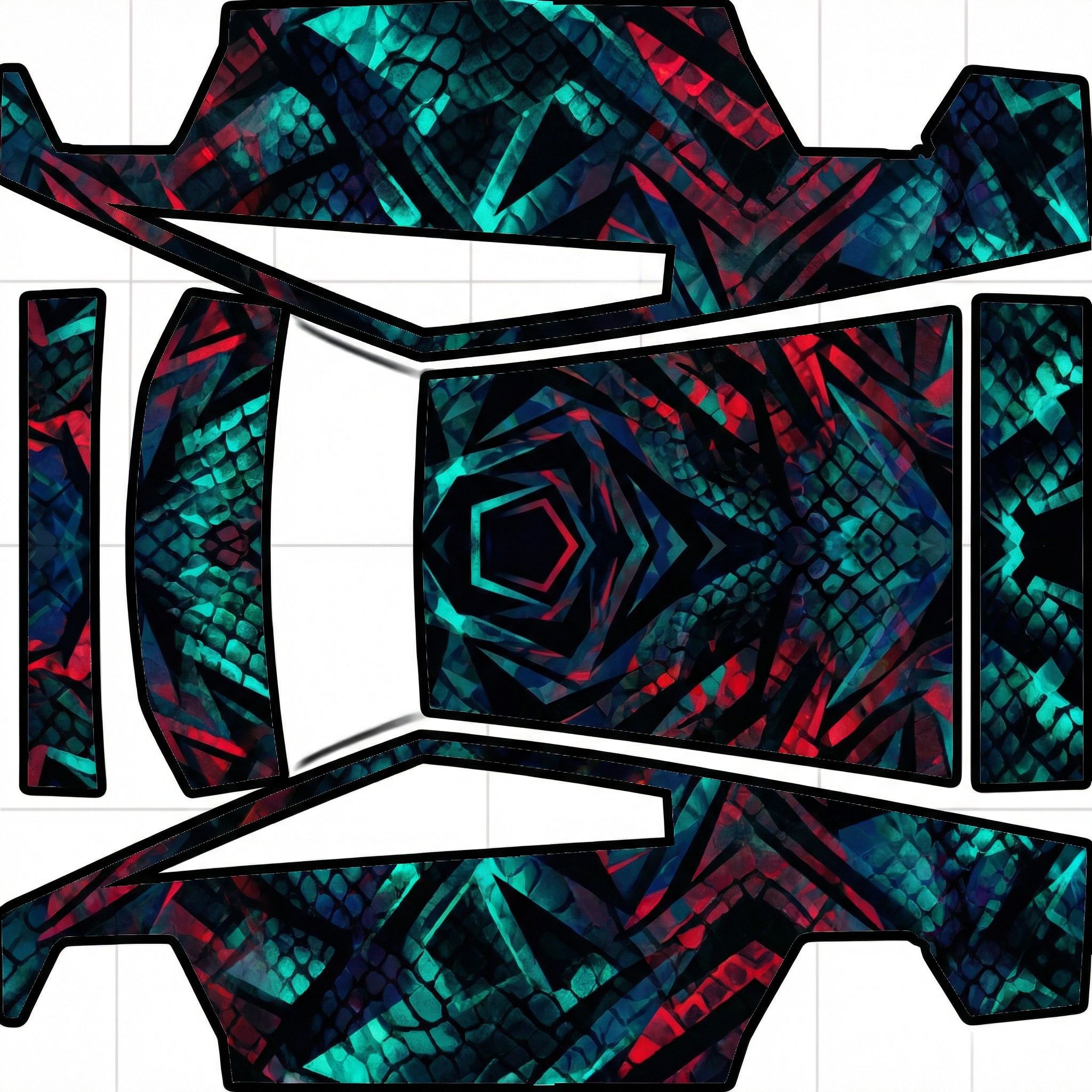 White eyes black dragon theme — AI wrap design for a Cybertruck