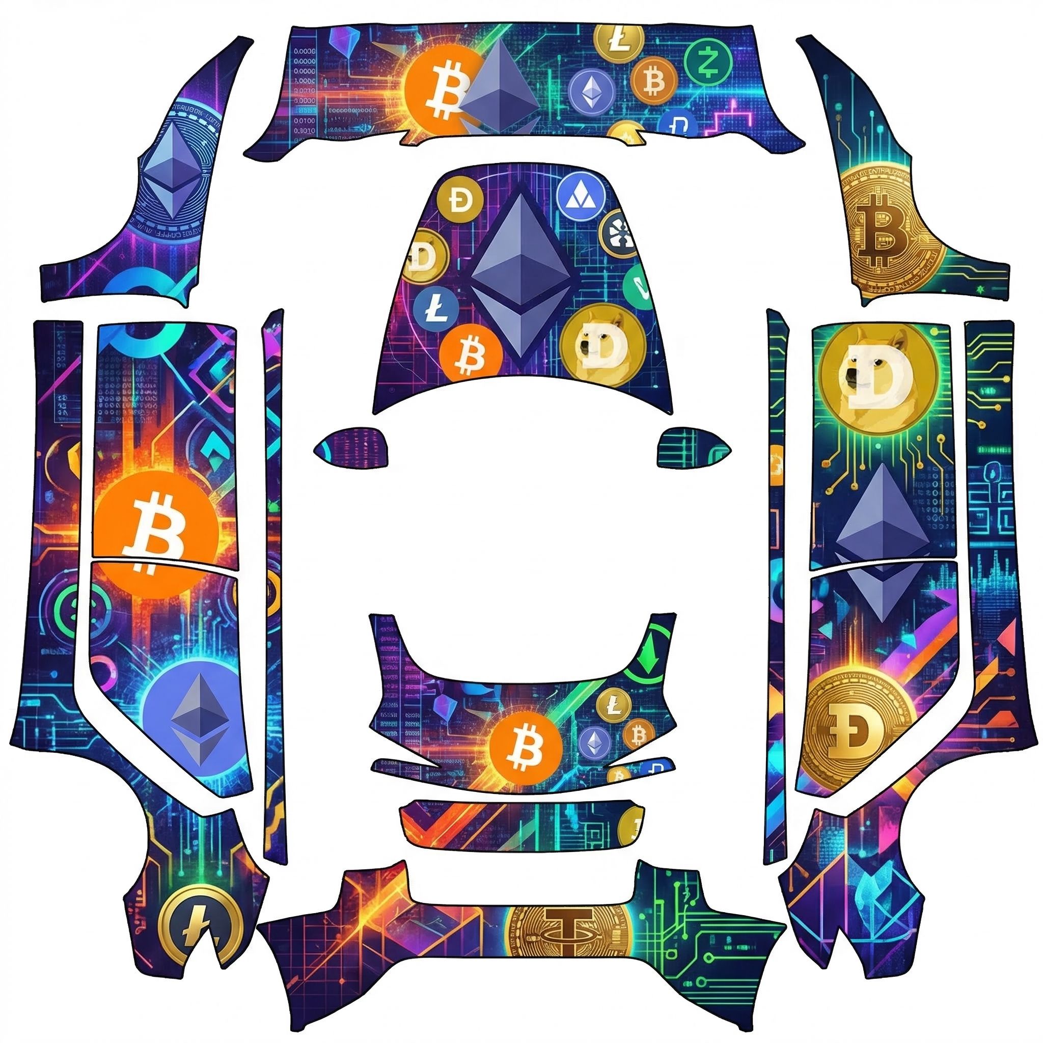 Crypto inspired wrap , bitcoin , eth, doge, and a… — AI wrap design for a Model 3 (2024+ Base)