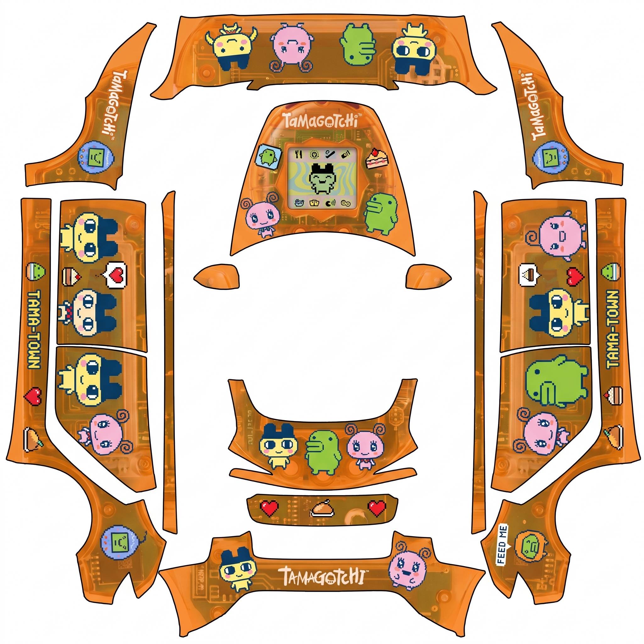 Tamagotchi with transparent orange shell for back… — AI wrap design for a Model 3 (2024+ Base)