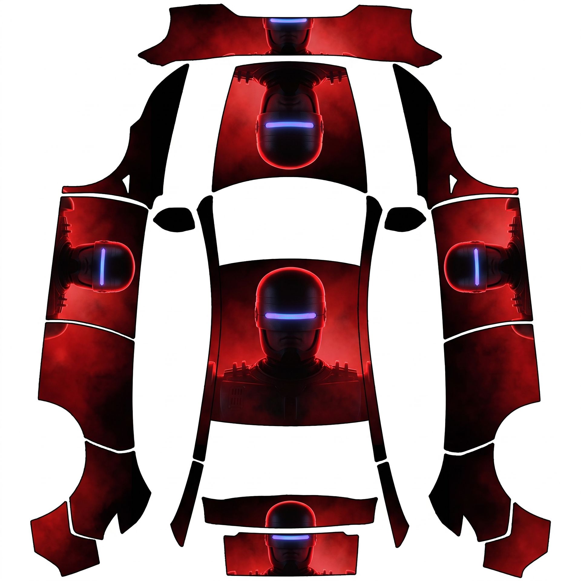 Head of the backside from robocop — AI wrap design for a Model Y (2025+) Premium