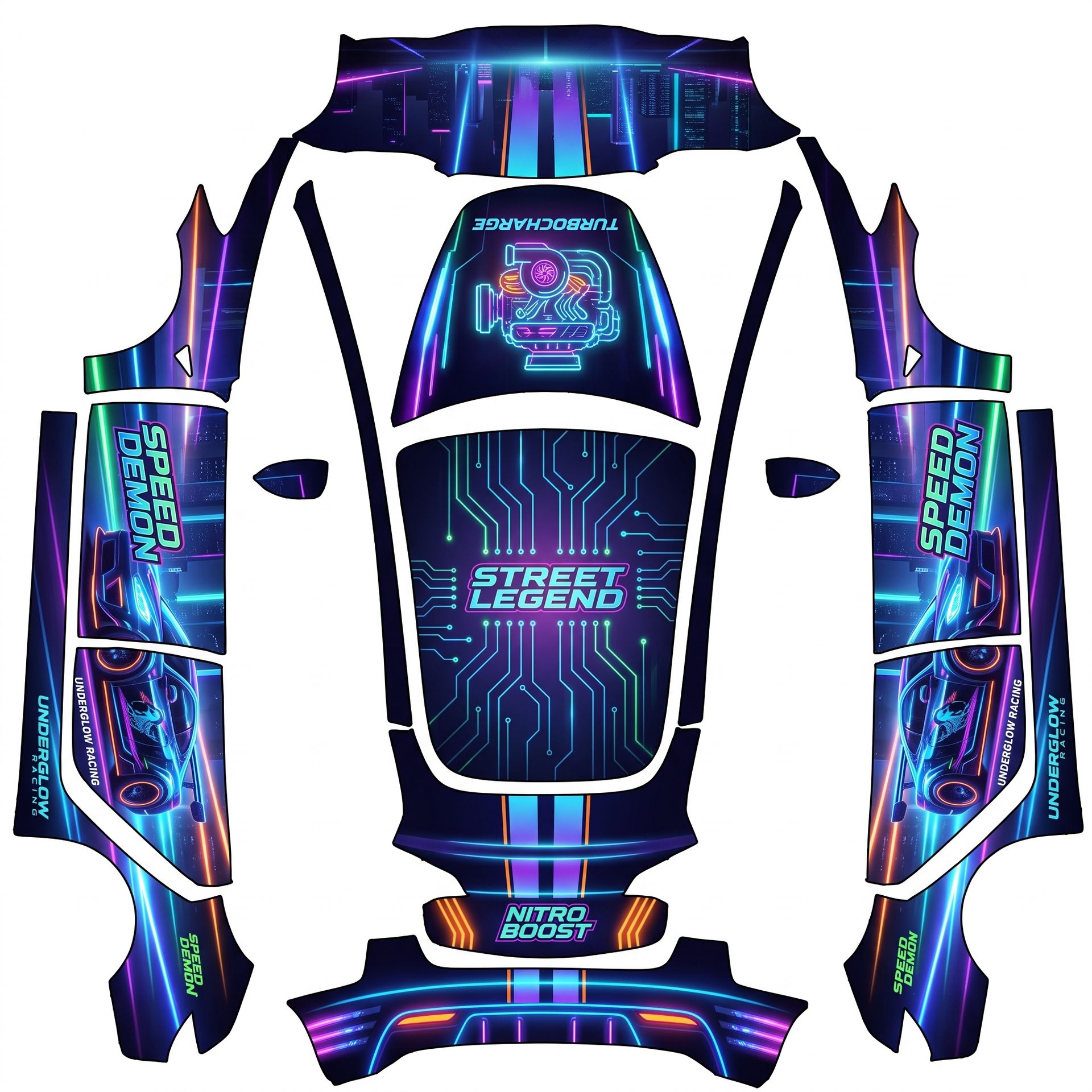 Neon underglow street racer — AI wrap design for a Model 3