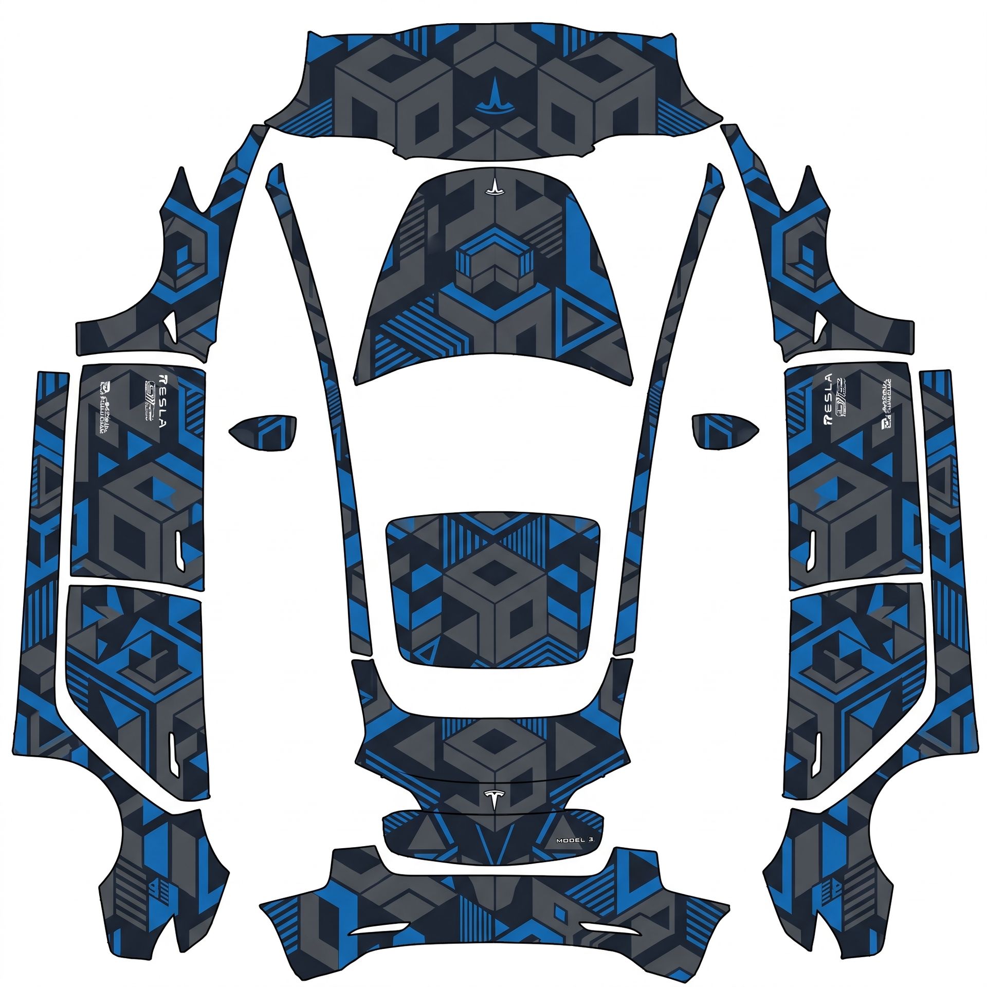 Dark gray and blues with geometrical shapes — AI wrap design for a Model 3