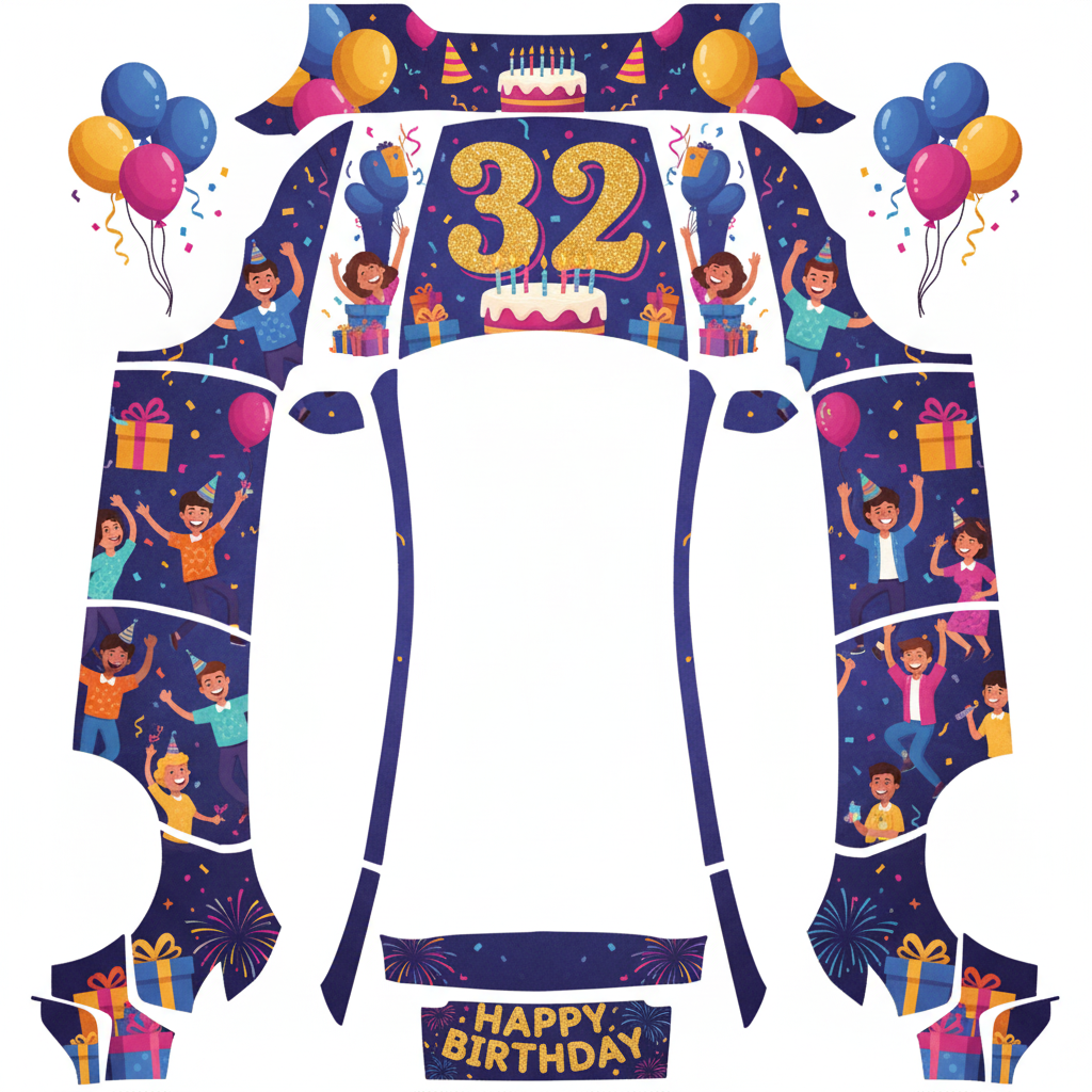 Birthday celebration at age 32 — AI wrap design for a Model Y (2025+) Performance
