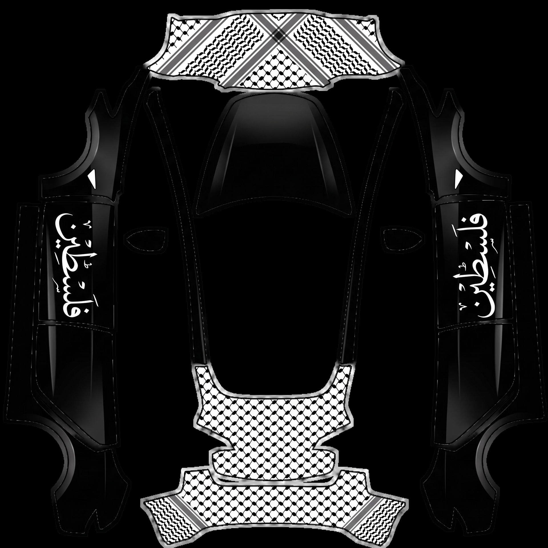 Hood features a black and white keffiyeh — AI wrap design for a Model 3