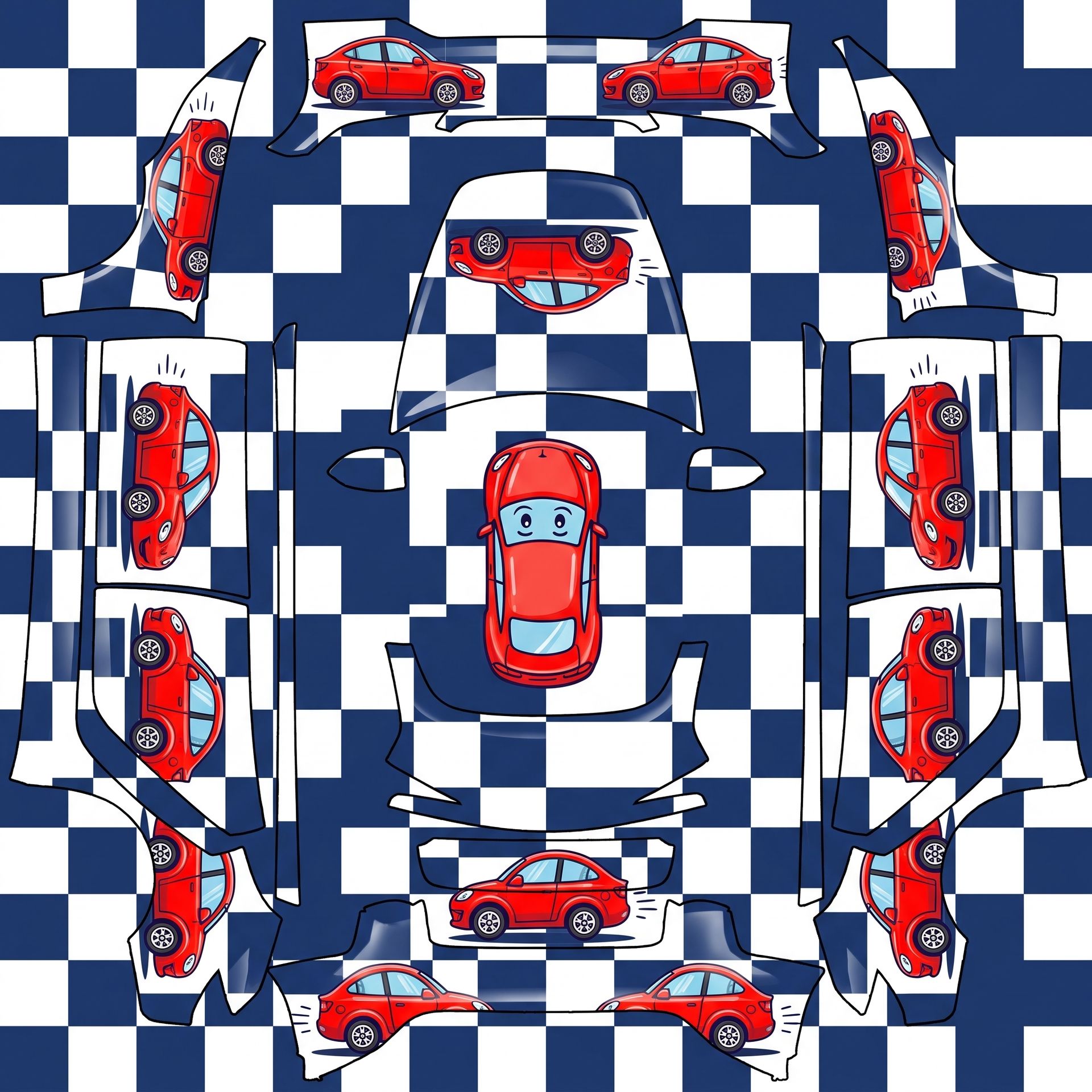 Glossy finish with playful red cartoon cars — AI wrap design for a Model 3 (2024+) Performance